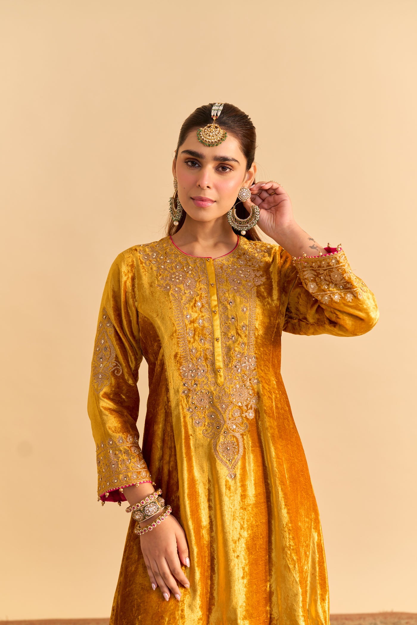 Laiba - Silk Velvet Heirloom Mustard A-line Kurta with Dhoti (Lxrts)