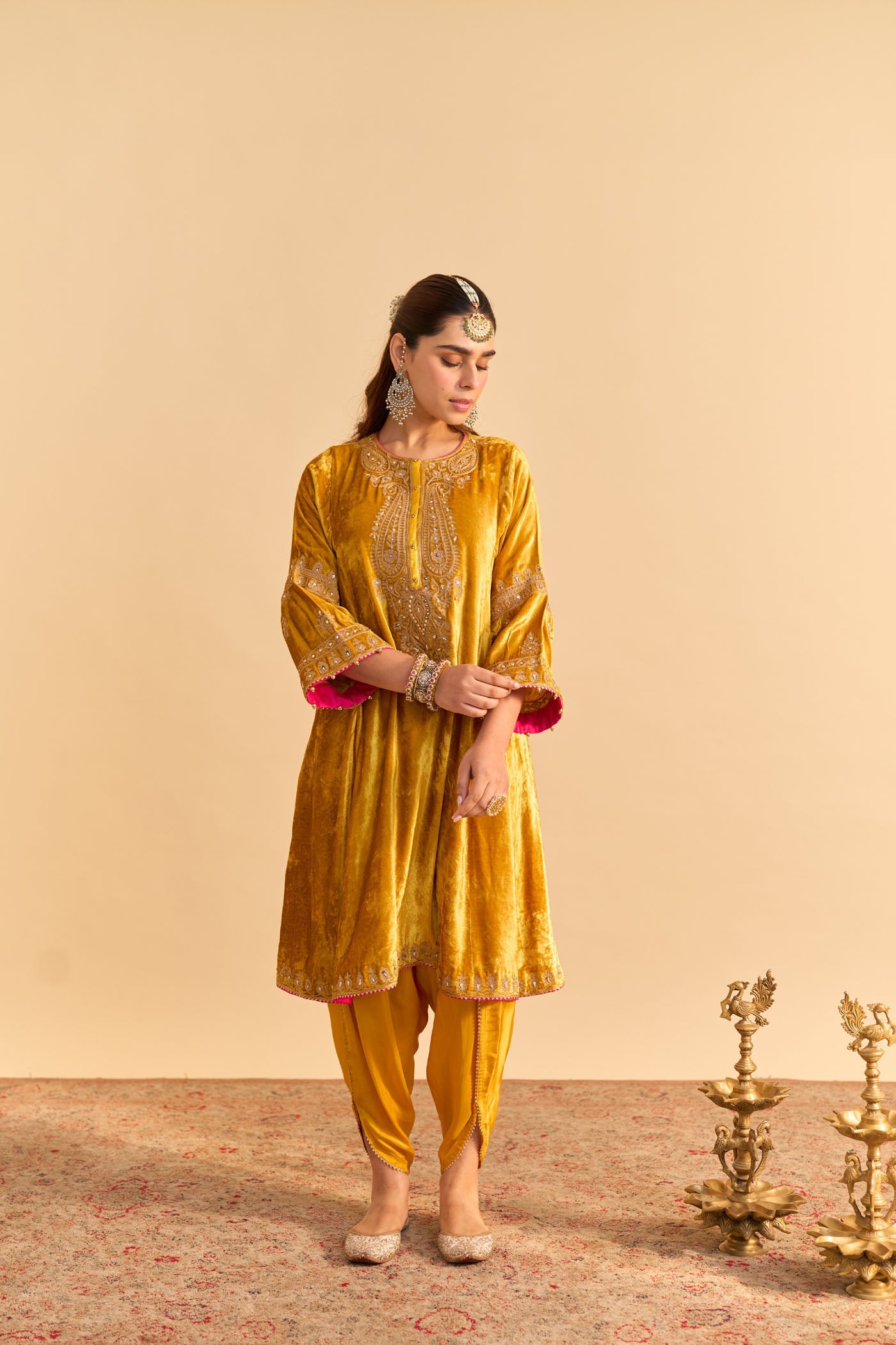 Amal - Silk Velvet Heirloom Mustard A-line Kurta with Dhoti (Lxrts)
