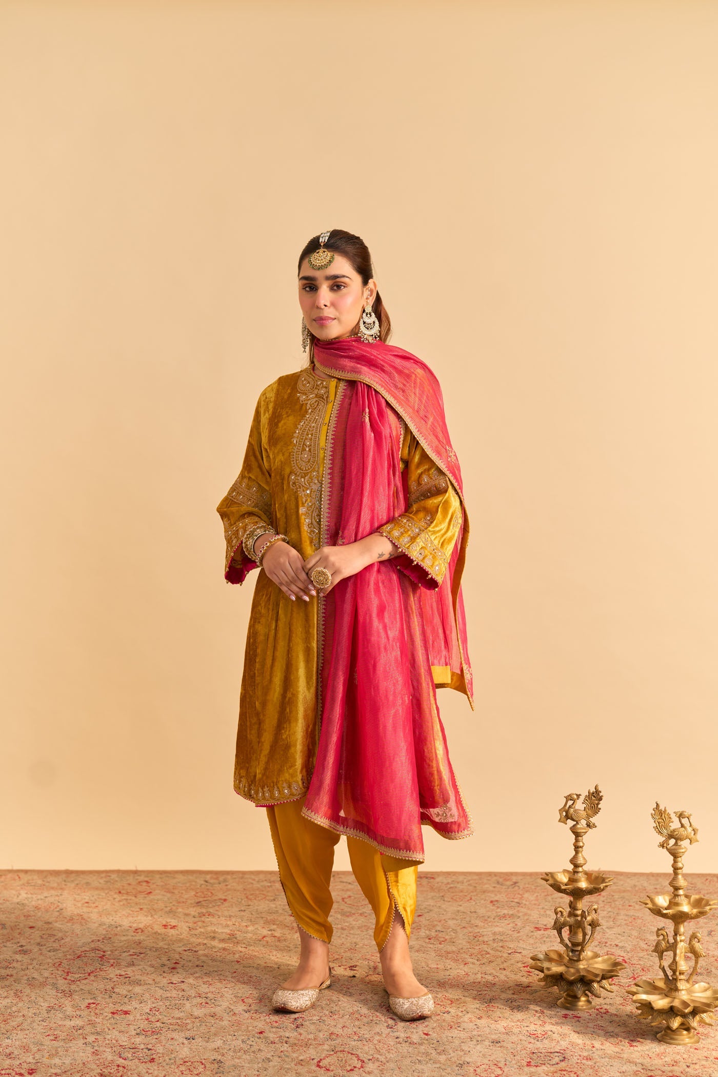 Amal - Silk Velvet Heirloom Mustard A-line Kurta with Dhoti (Lxrts)