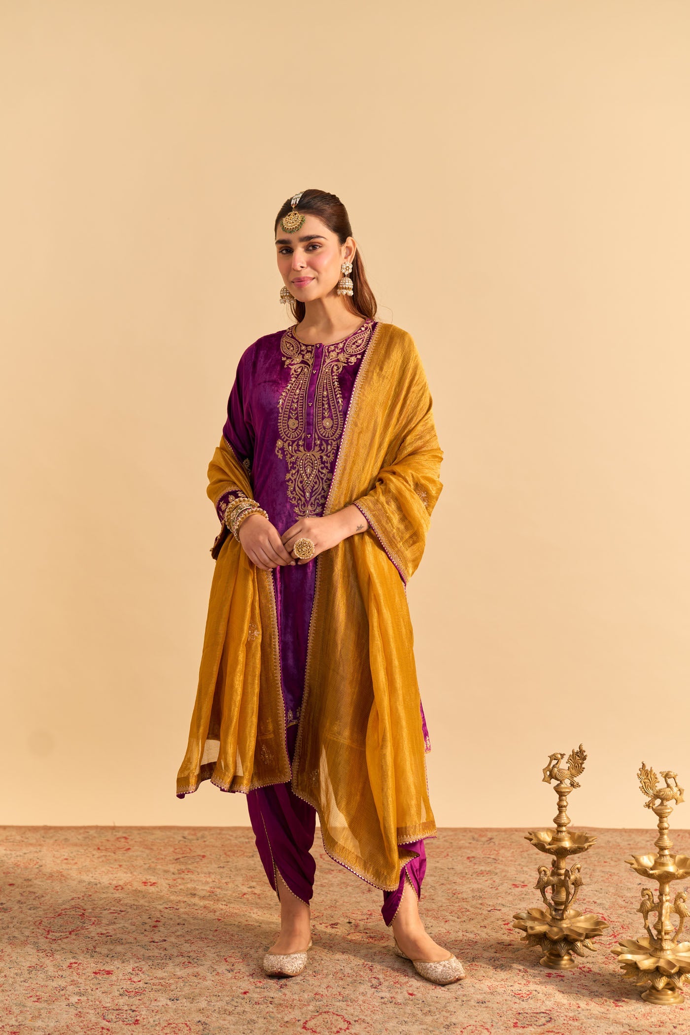 Amal - Silk Velvet Deep Purple A-line Kurta with Dhoti (Lxrts)