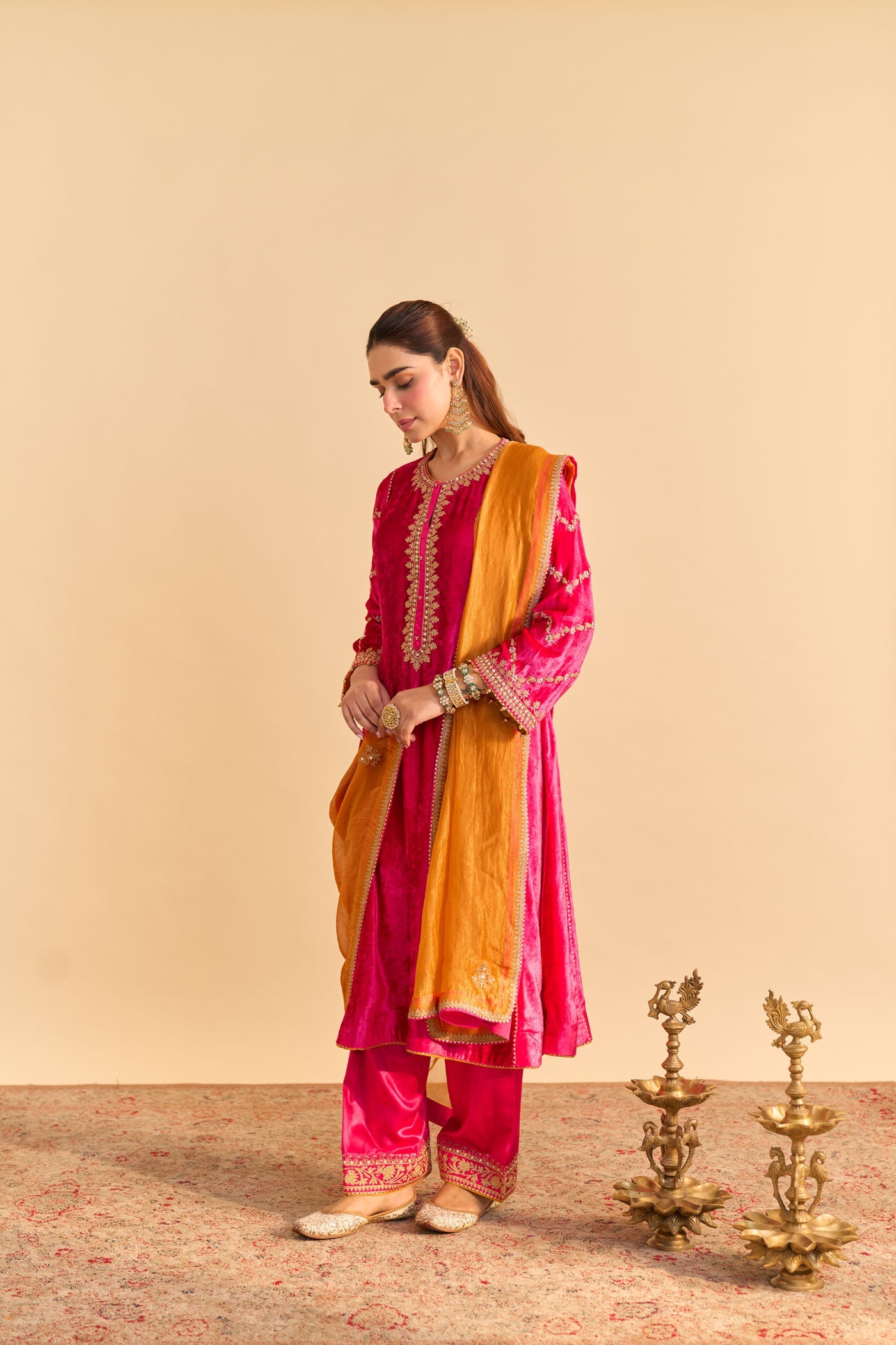 Azmiya - Silk Velvet Hotpink Chauga with Salwar (Lxrts)