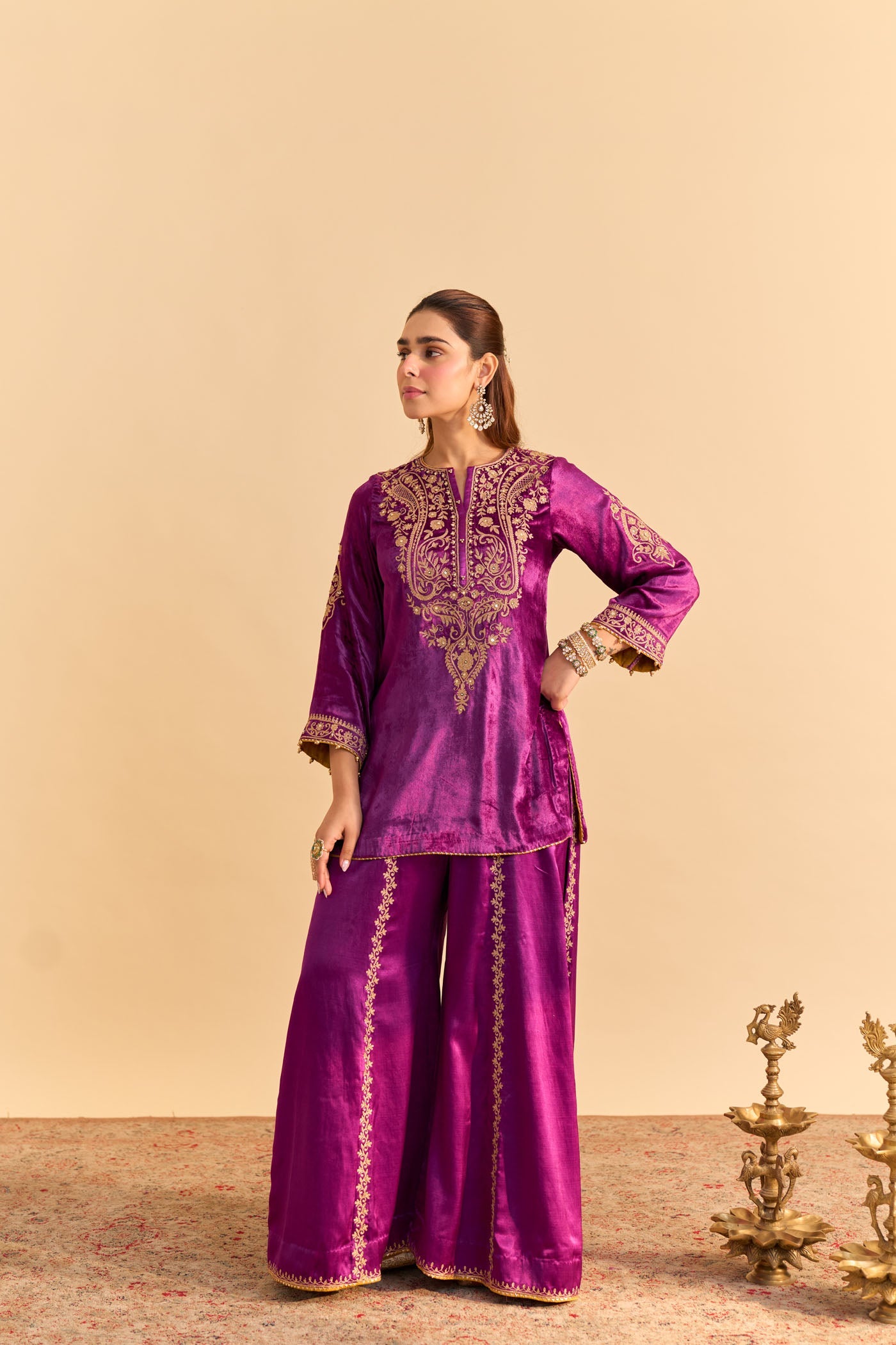 Aroob - Silk Velvet Deep Purple Kurta with Sharara and Dupatta (Lxrts)