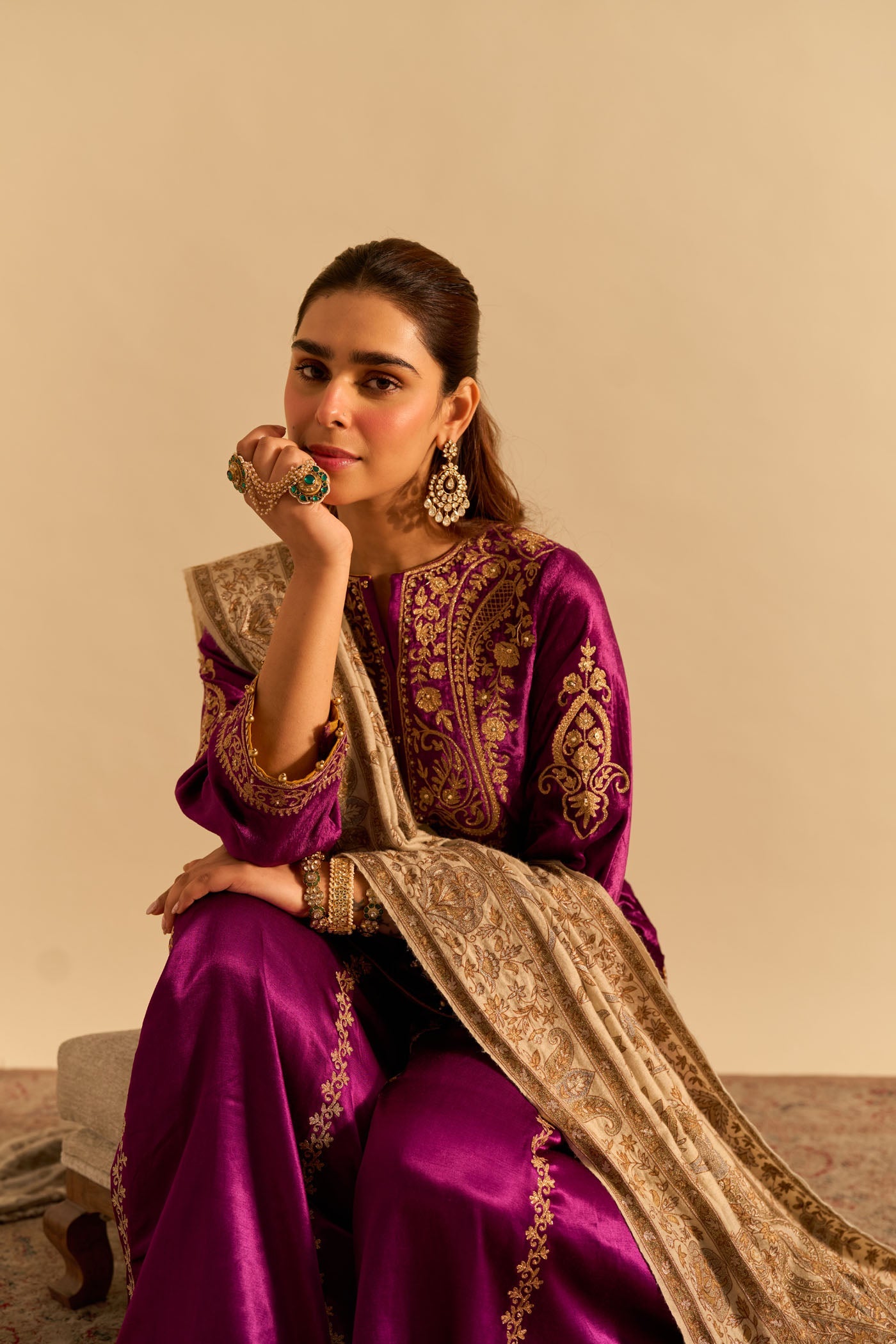 Aroob - Silk Velvet Deep Purple Kurta with Sharara and Dupatta (Lxrts)