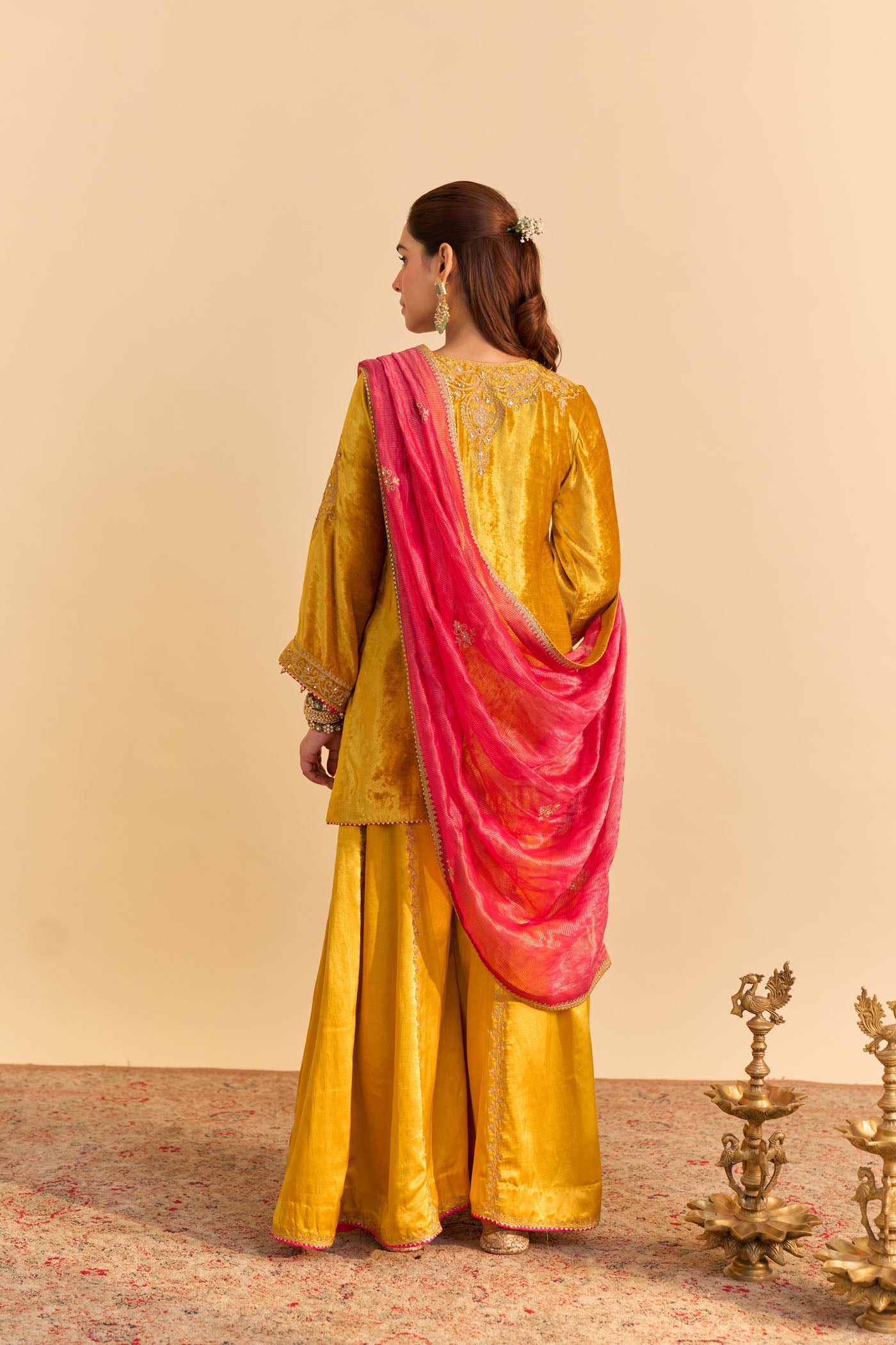 Aroob - Silk Velvet Mustard Kurta with Sharara and Dupatta (Lxrts)