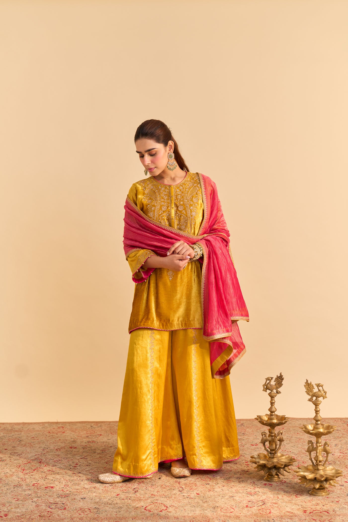 Aroob - Silk Velvet Mustard Kurta with Sharara and Dupatta