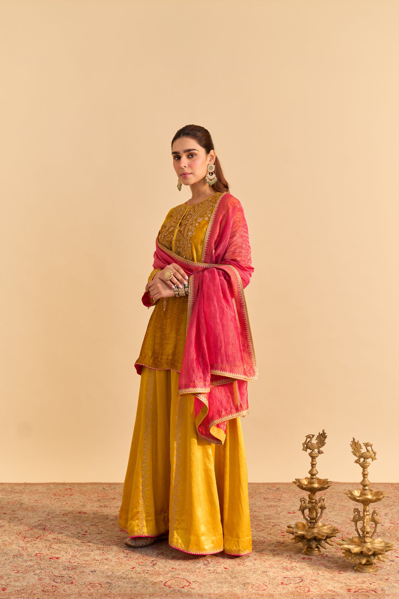 Aroob - Silk Velvet Mustard Kurta with Sharara and Dupatta