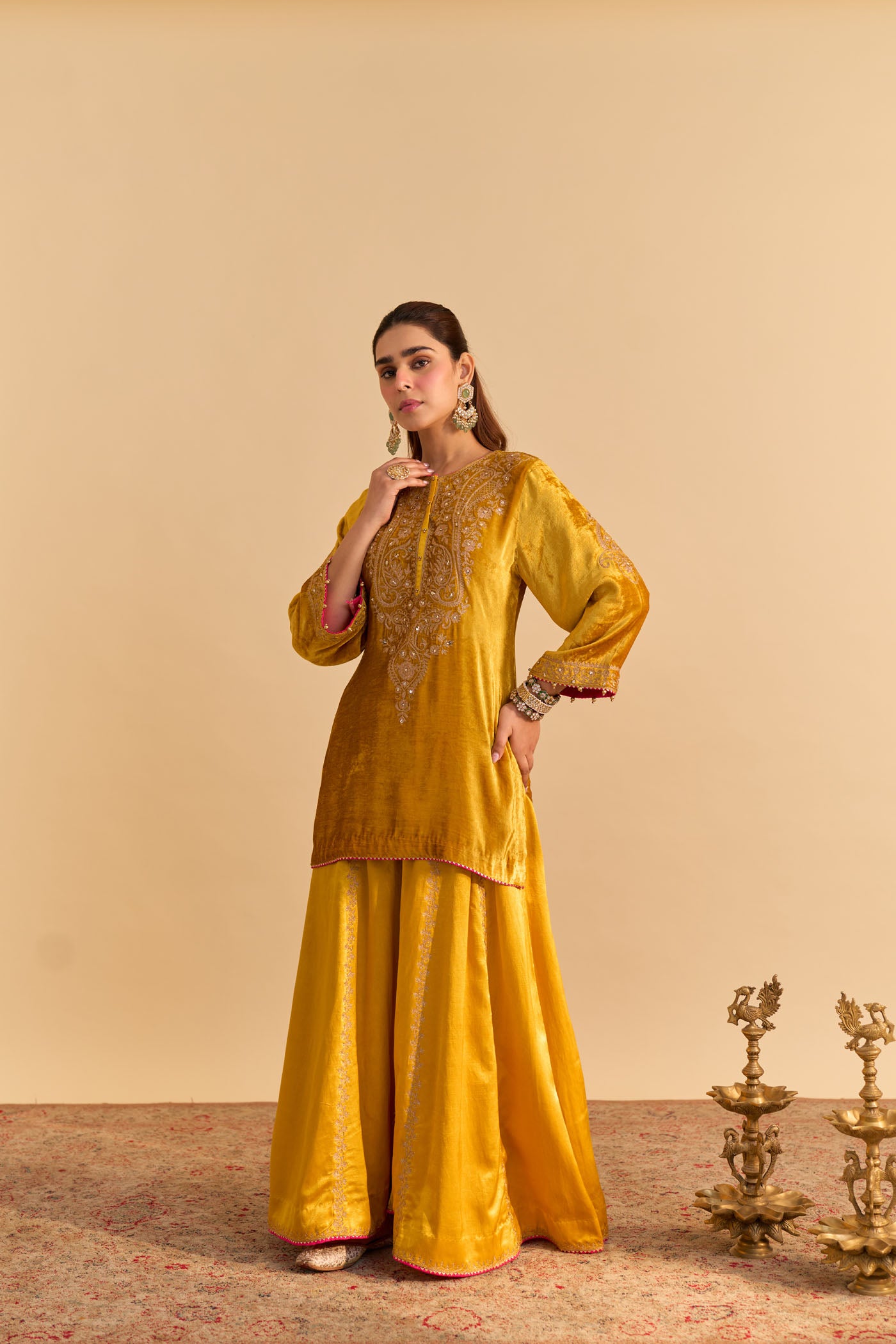 Aroob - Silk Velvet Mustard Kurta with Sharara and Dupatta