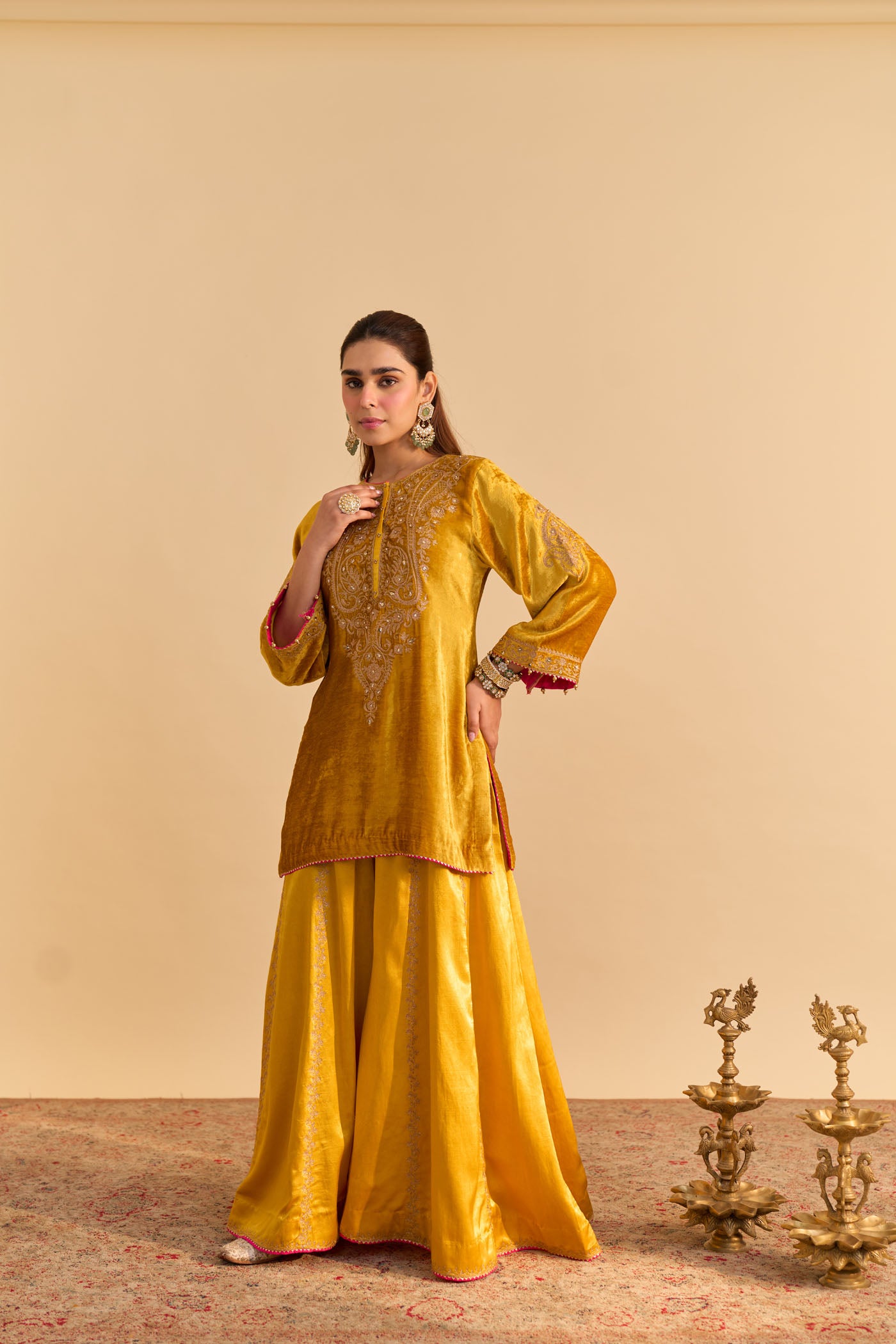 Aroob - Silk Velvet Mustard Kurta with Sharara and Dupatta