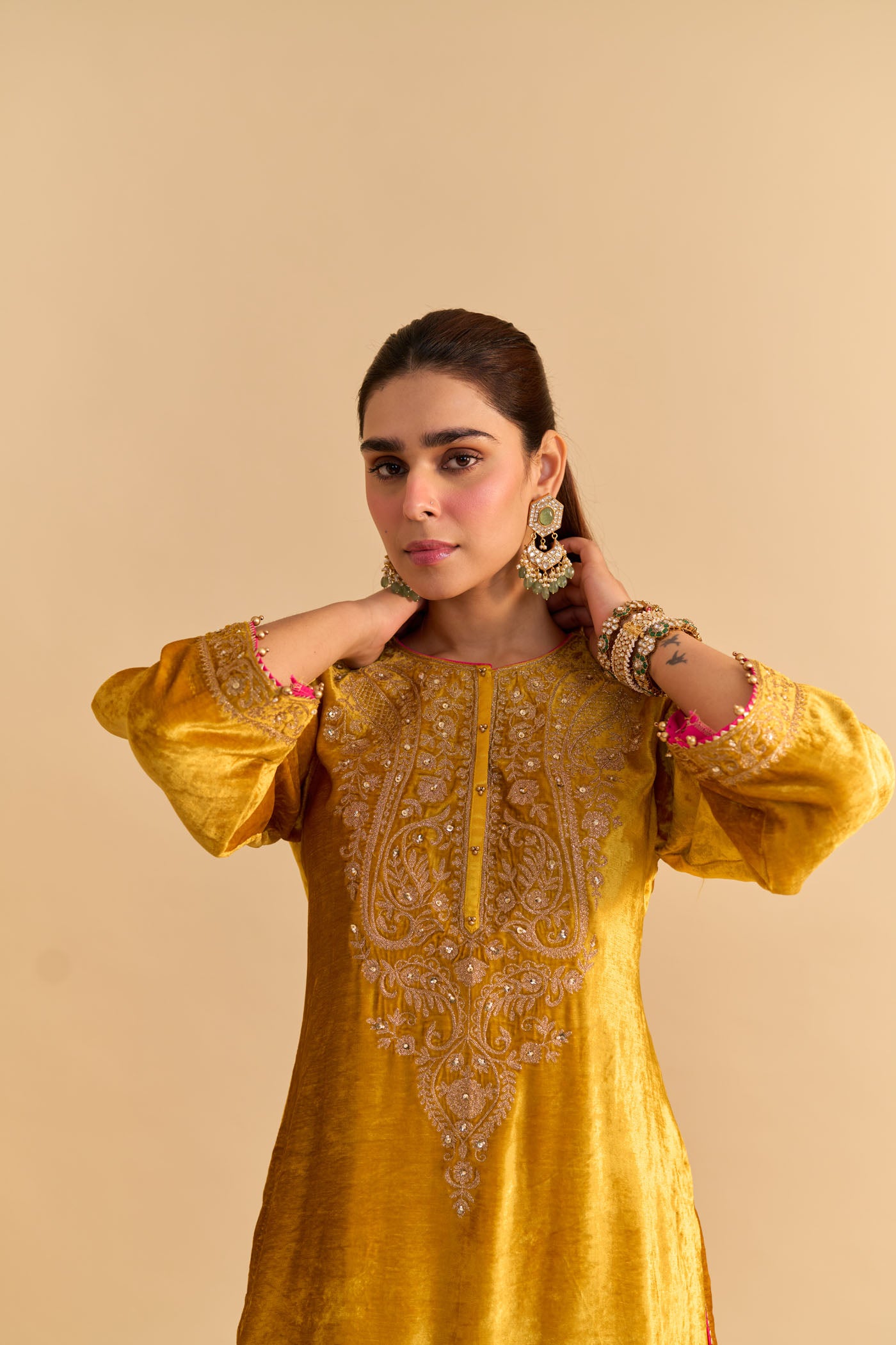 Aroob - Silk Velvet Mustard Kurta with Sharara and Dupatta