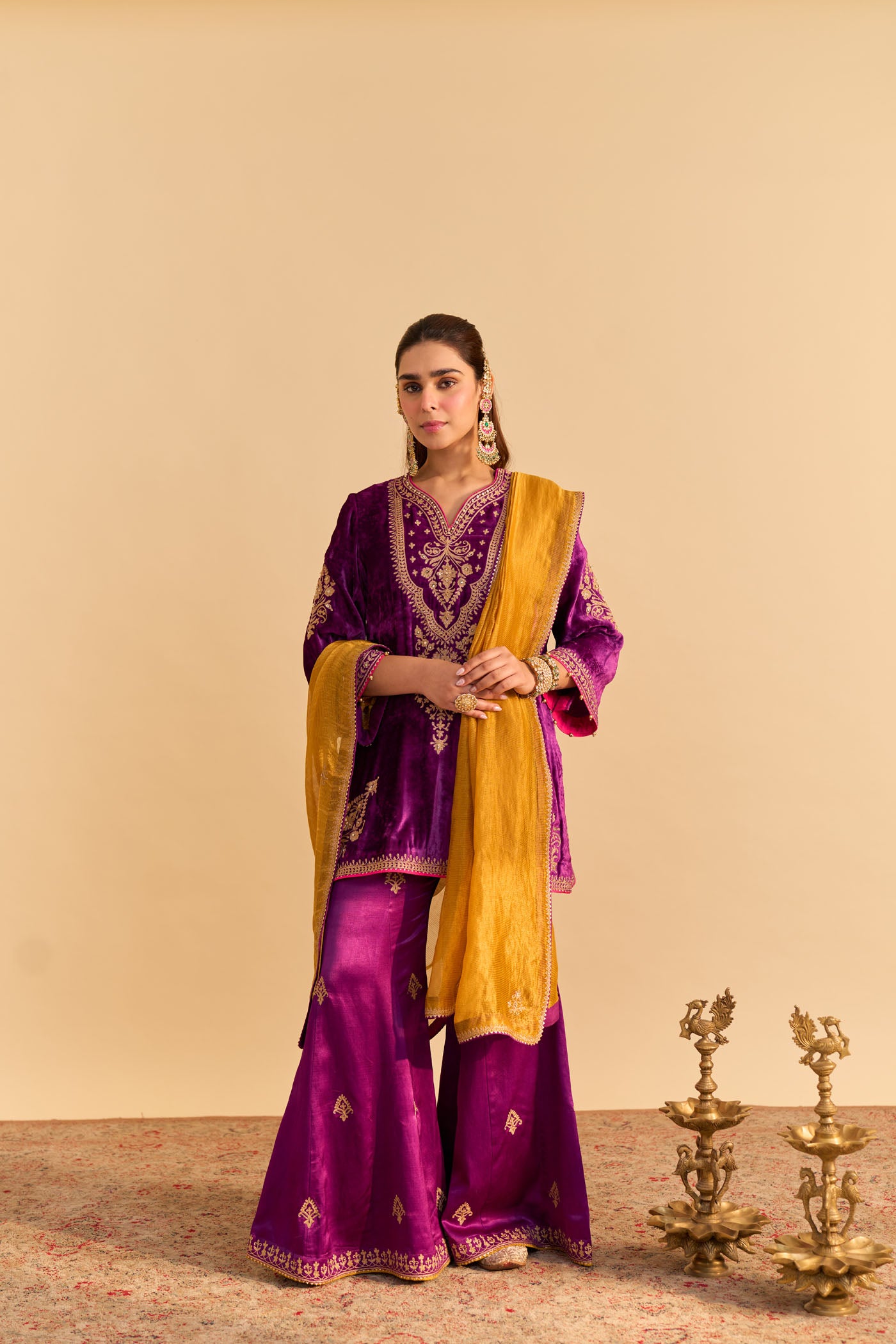 Nooren - Deep Purple Kurta with Flared Palazzo and Dupatta