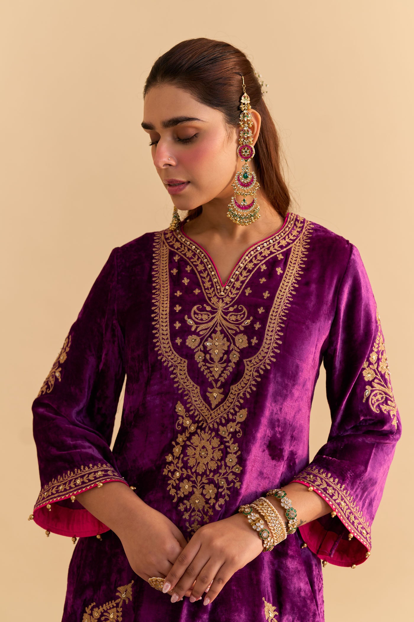 Nooren - Deep Purple Kurta with Flared Palazzo and Dupatta
