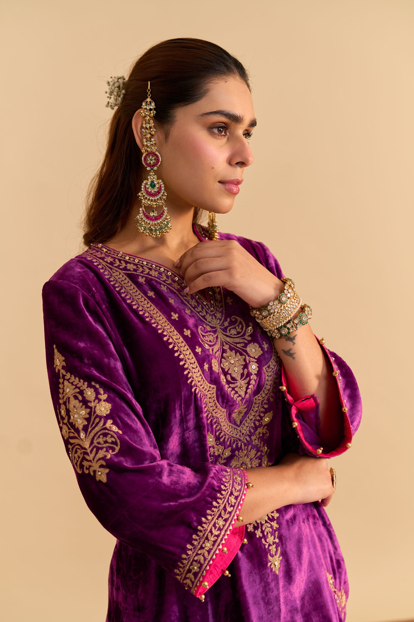 Nooren - Deep Purple Kurta with Flared Palazzo and Dupatta