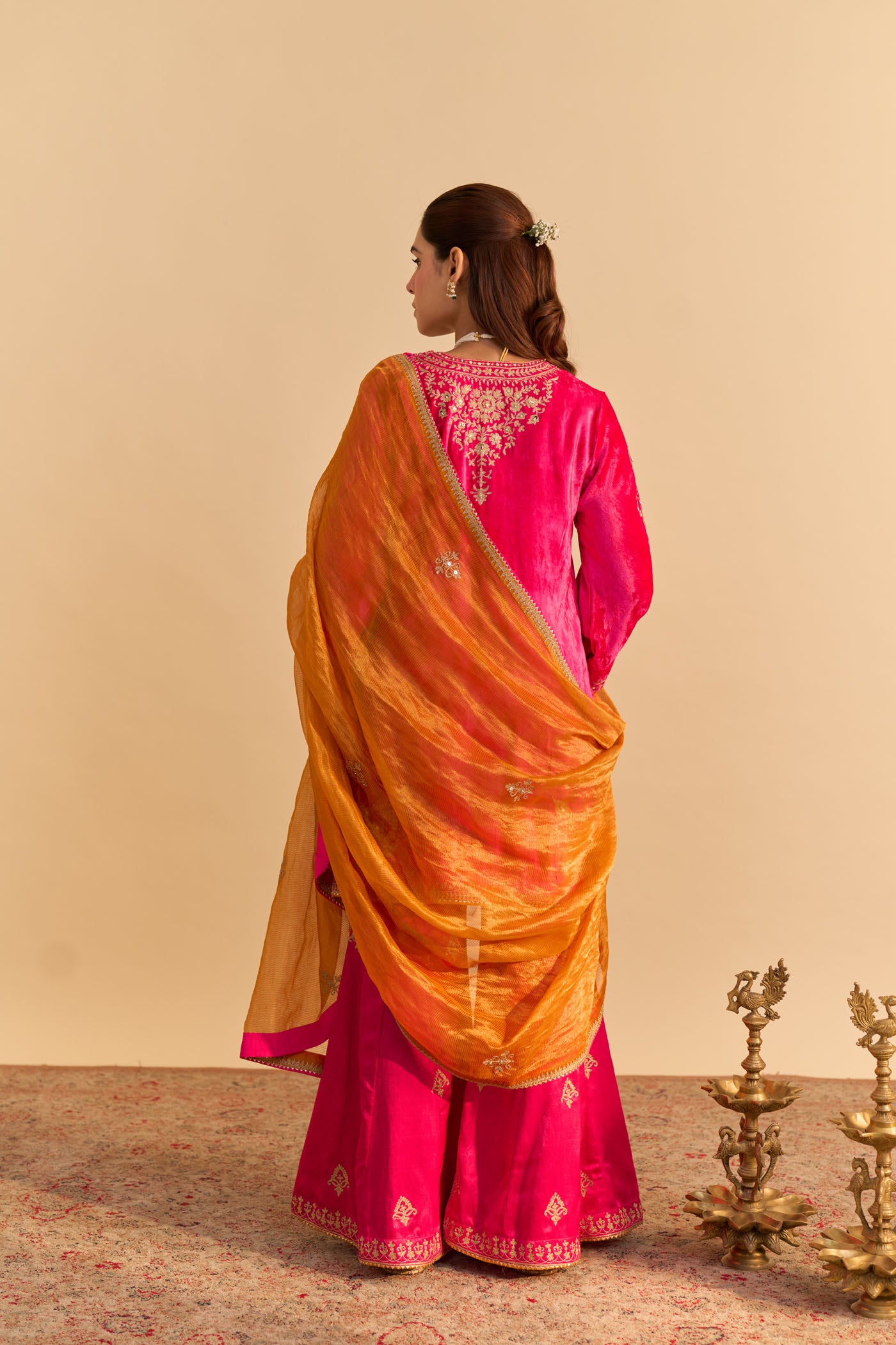 Nooren - Hotpink Kurta with Flared Palazzo and Dupatta