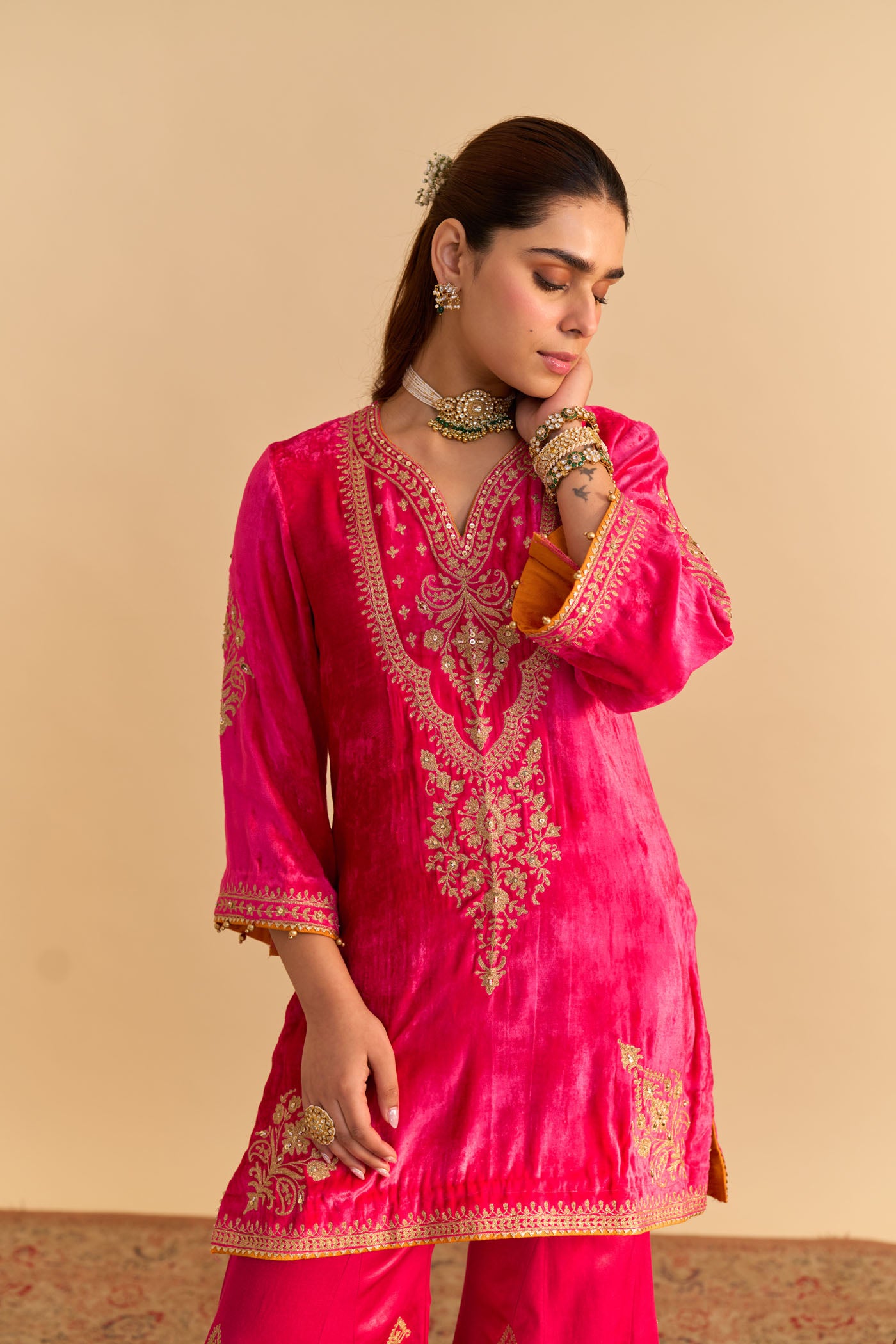 Nooren - Hotpink Kurta with Flared Palazzo and Dupatta