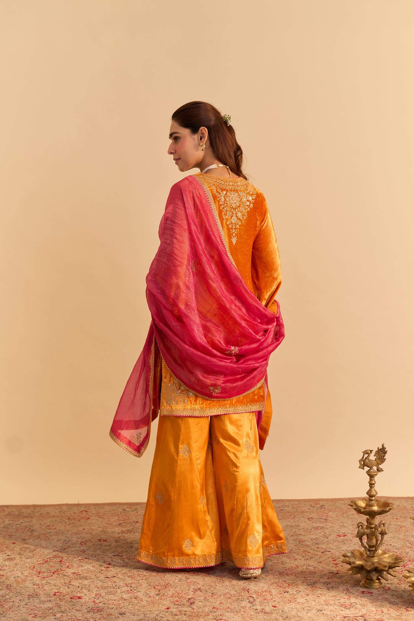 Nooren - Orange Kurta with Flared Palazzo and Dupatta