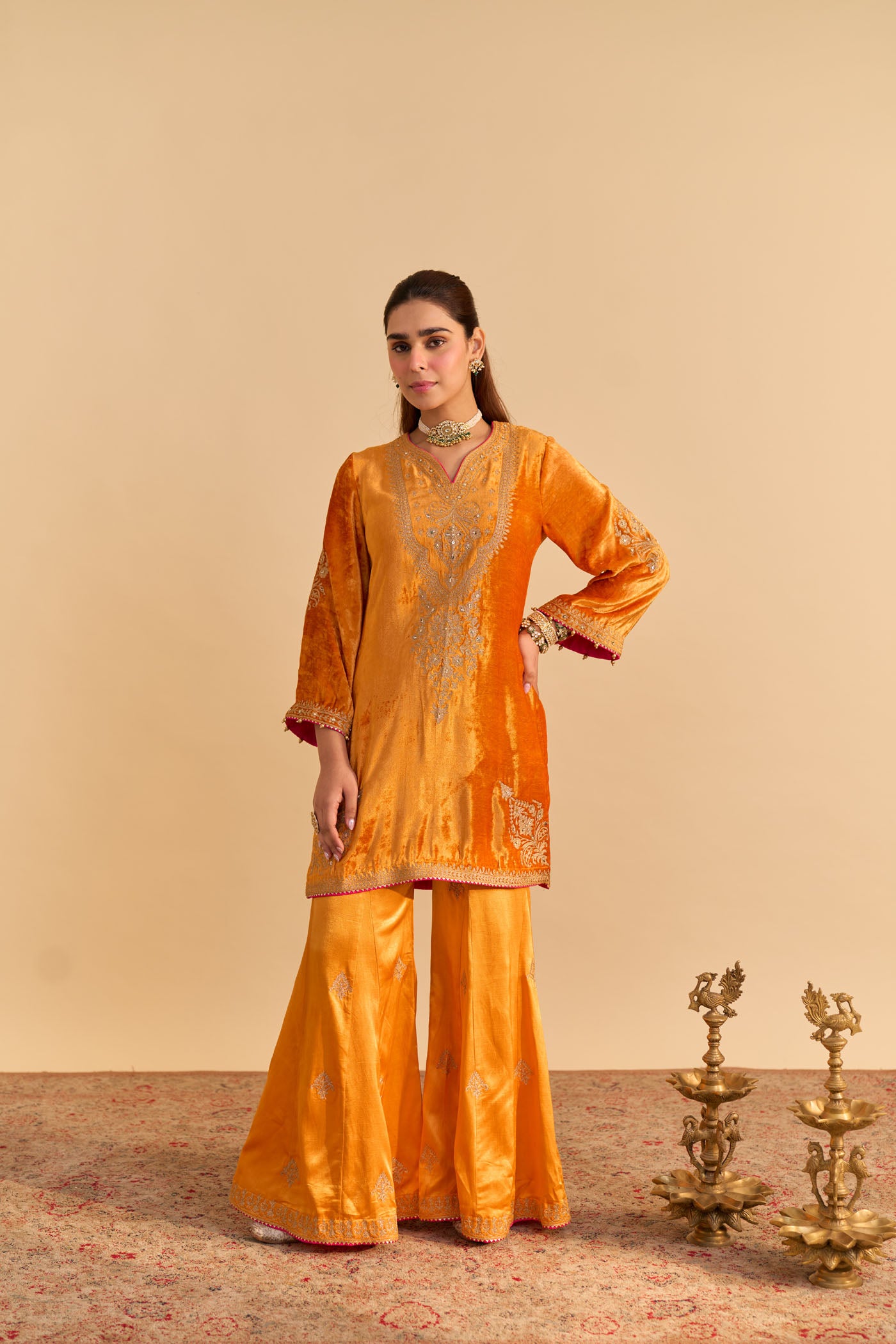 Nooren - Orange Kurta with Flared Palazzo and Dupatta
