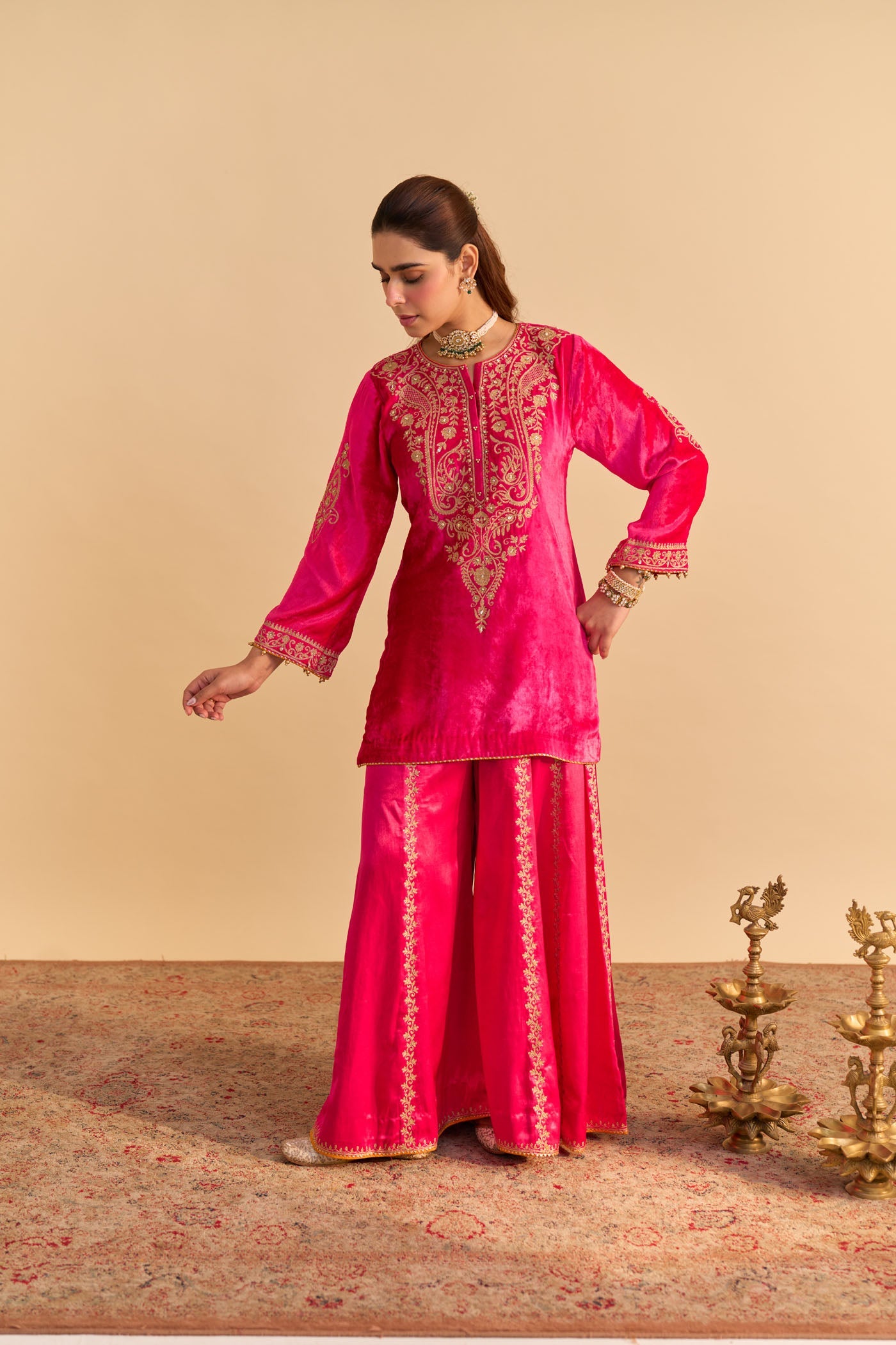 Aroob - Silk Velvet Rani Hotpink Kurta with Sharara and Dupatta (Lxrts)