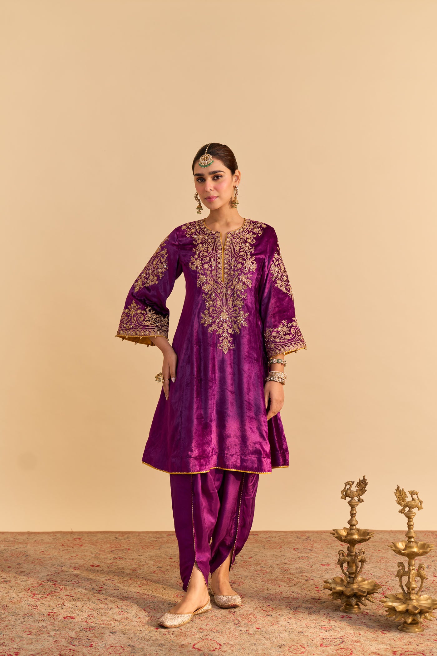 Deepti Dhillon In Eira - Silk Velvet Deep Purple A-line Kurta with Dhoti