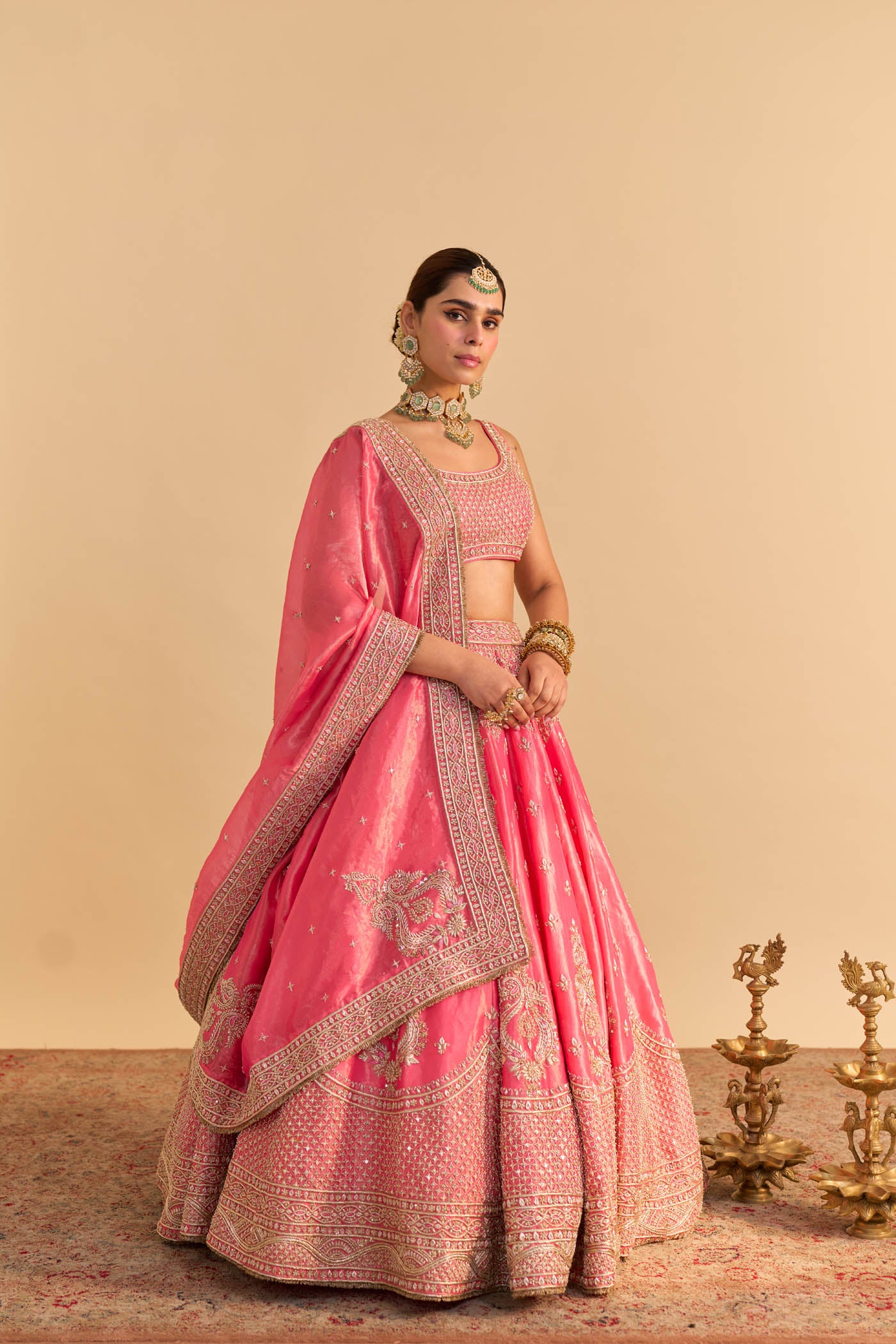 Aashina - Dabka Zardozi Embroidered Pure Tissue Carrot Pink Lehenga Set
