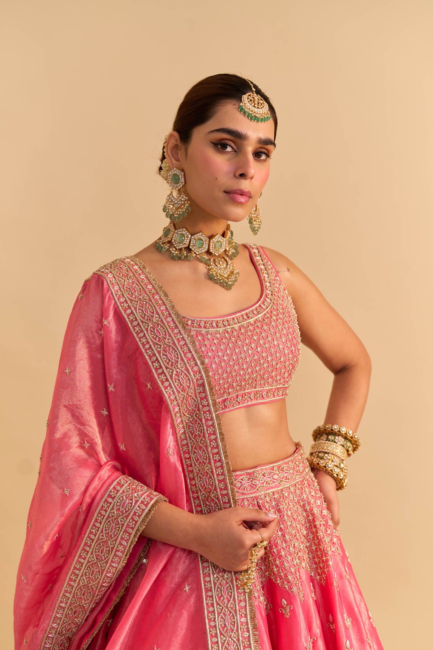 Aashina - Dabka Zardozi Embroidered Pure Tissue Carrot Pink Lehenga Set