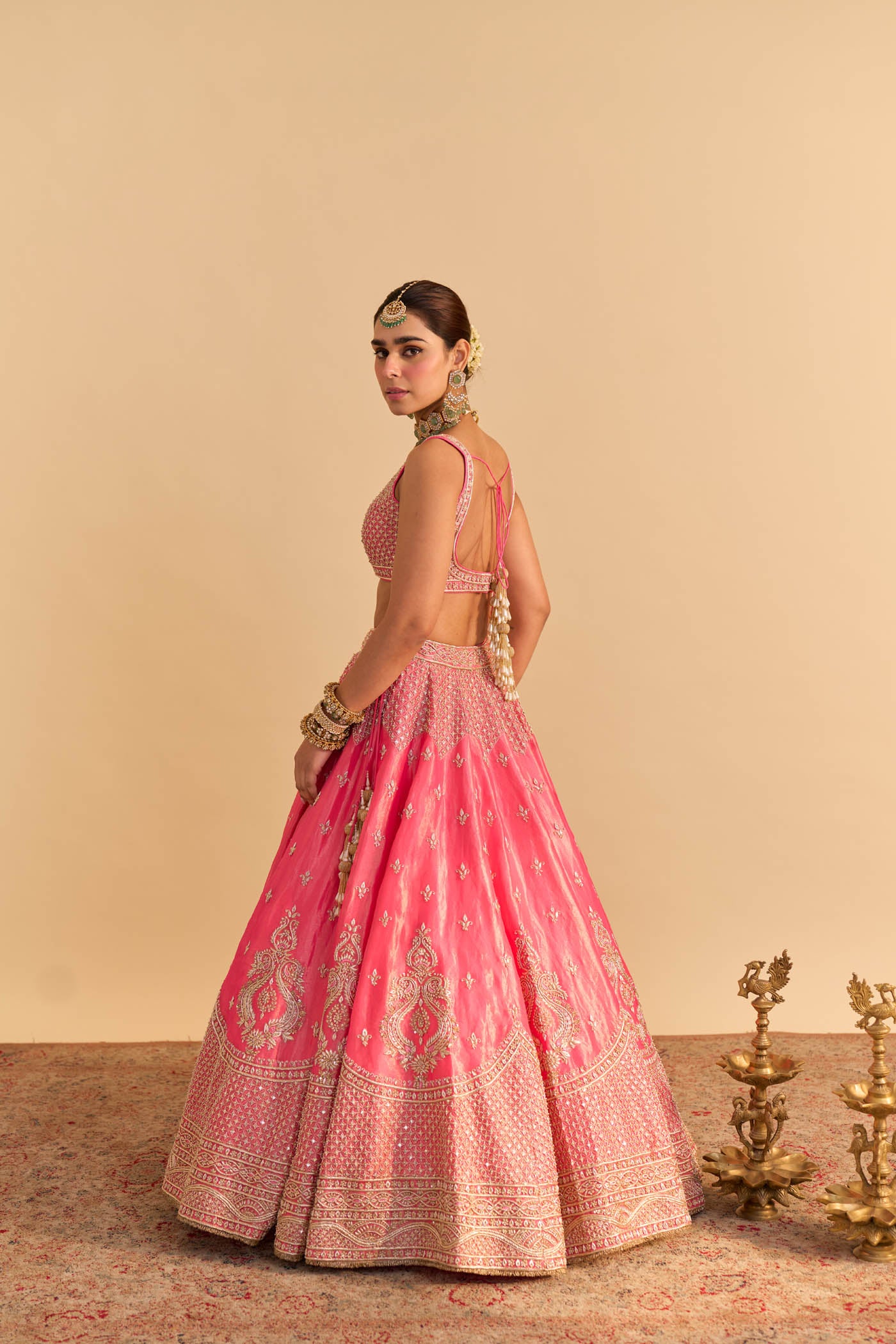 Aashina - Dabka Zardozi Embroidered Pure Tissue Carrot Pink Lehenga Set
