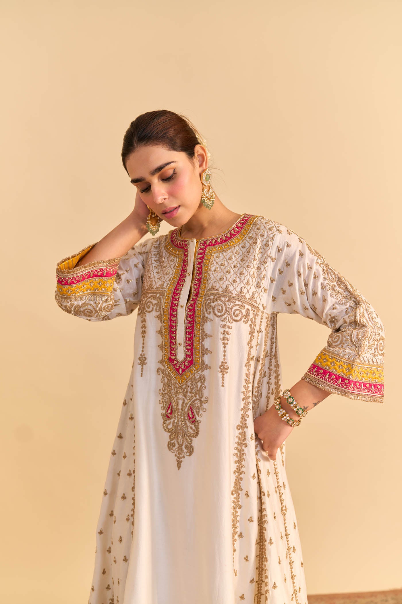 Zoya - Dabka Zardozi Embroidered Rich Banarasi Kalidaar Daisy Ivory Long Chauga Set