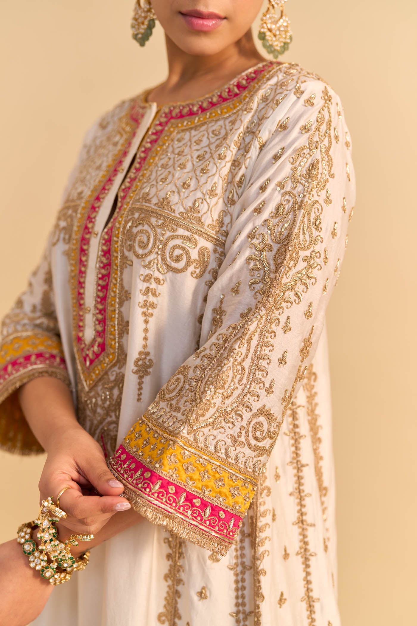 Zoya - Dabka Zardozi Embroidered Rich Banarasi Kalidaar Daisy Ivory Long Chauga Set