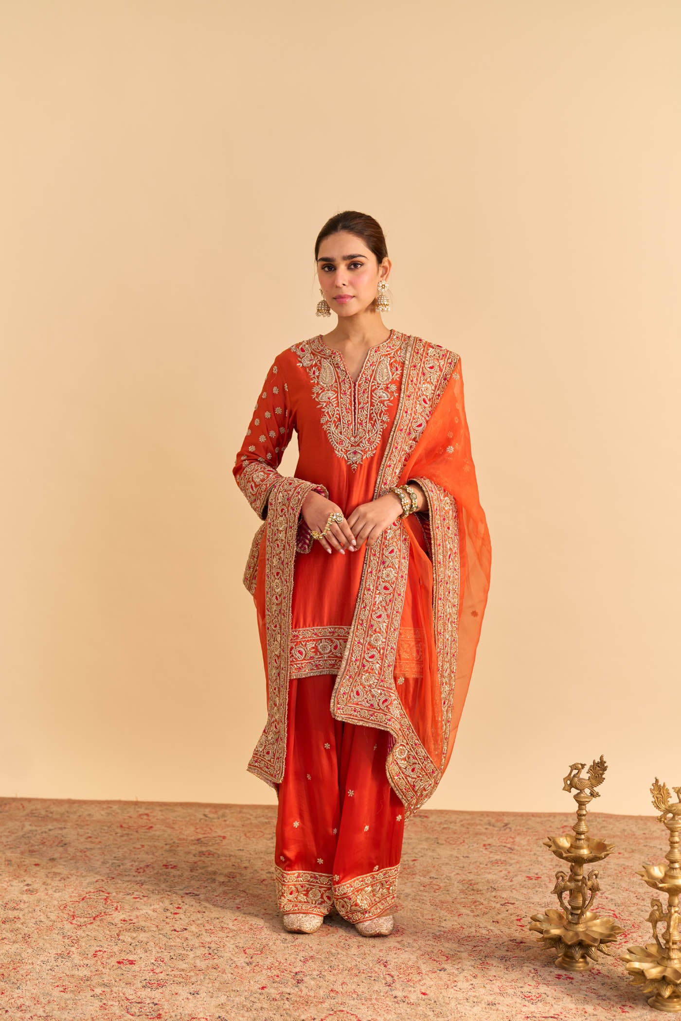 Naseha Burnt orange Dabka Zardozi Embroidered Short kurta Set