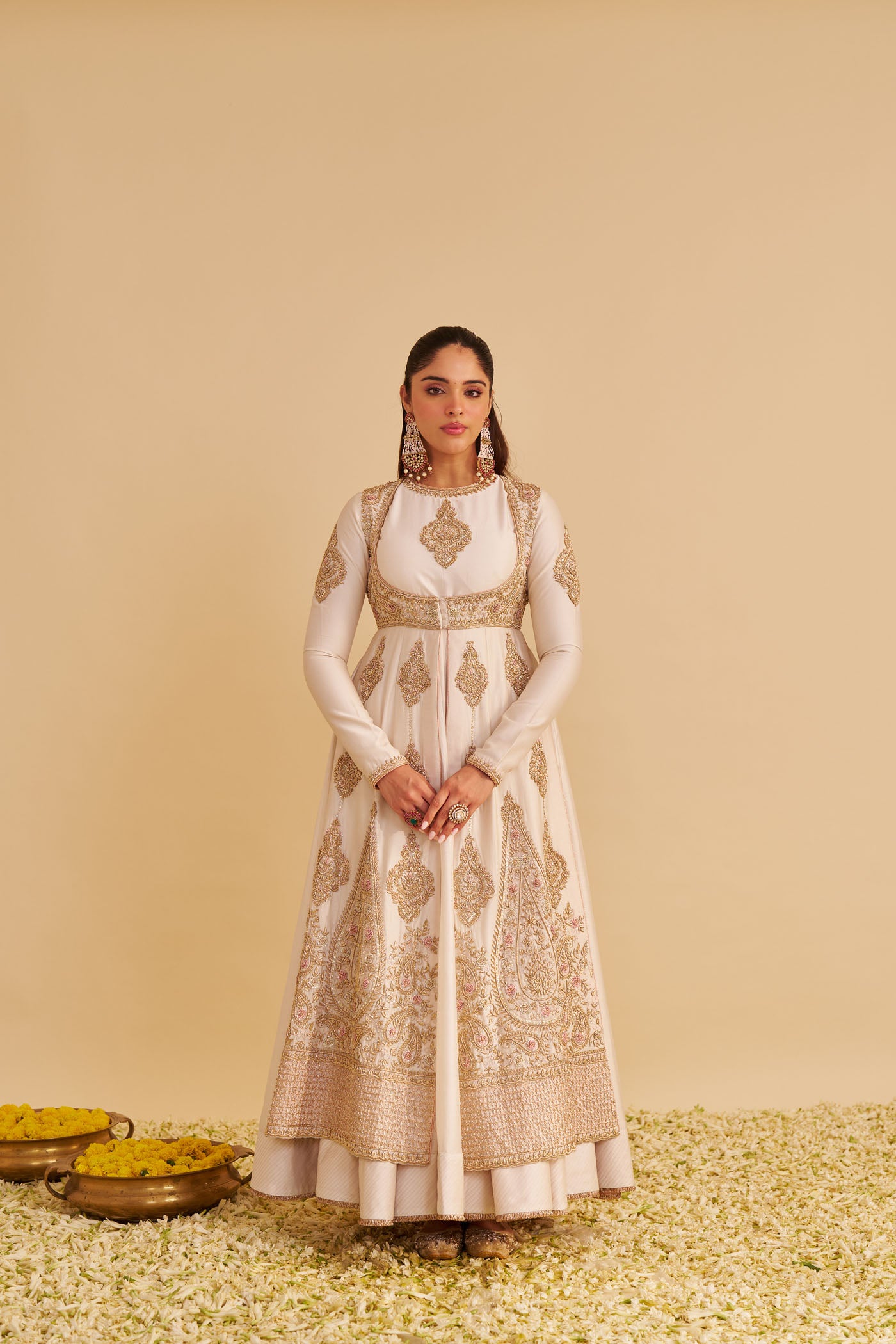 Zainah - Dabka Zardozi Embroidered Silk Daisy Ivory Anarkali Set