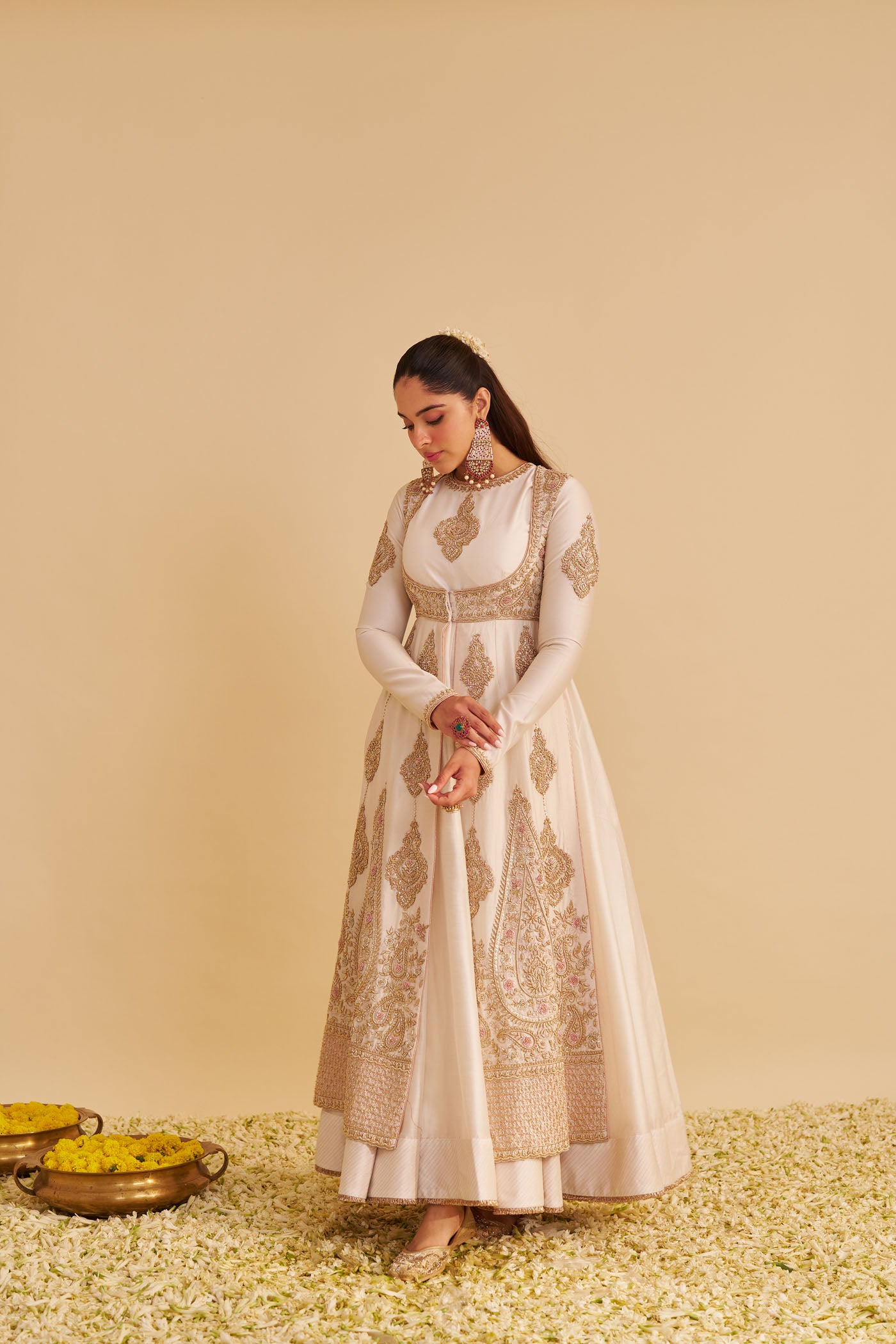 Zainah - Dabka Zardozi Embroidered Silk Daisy Ivory Anarkali  Set