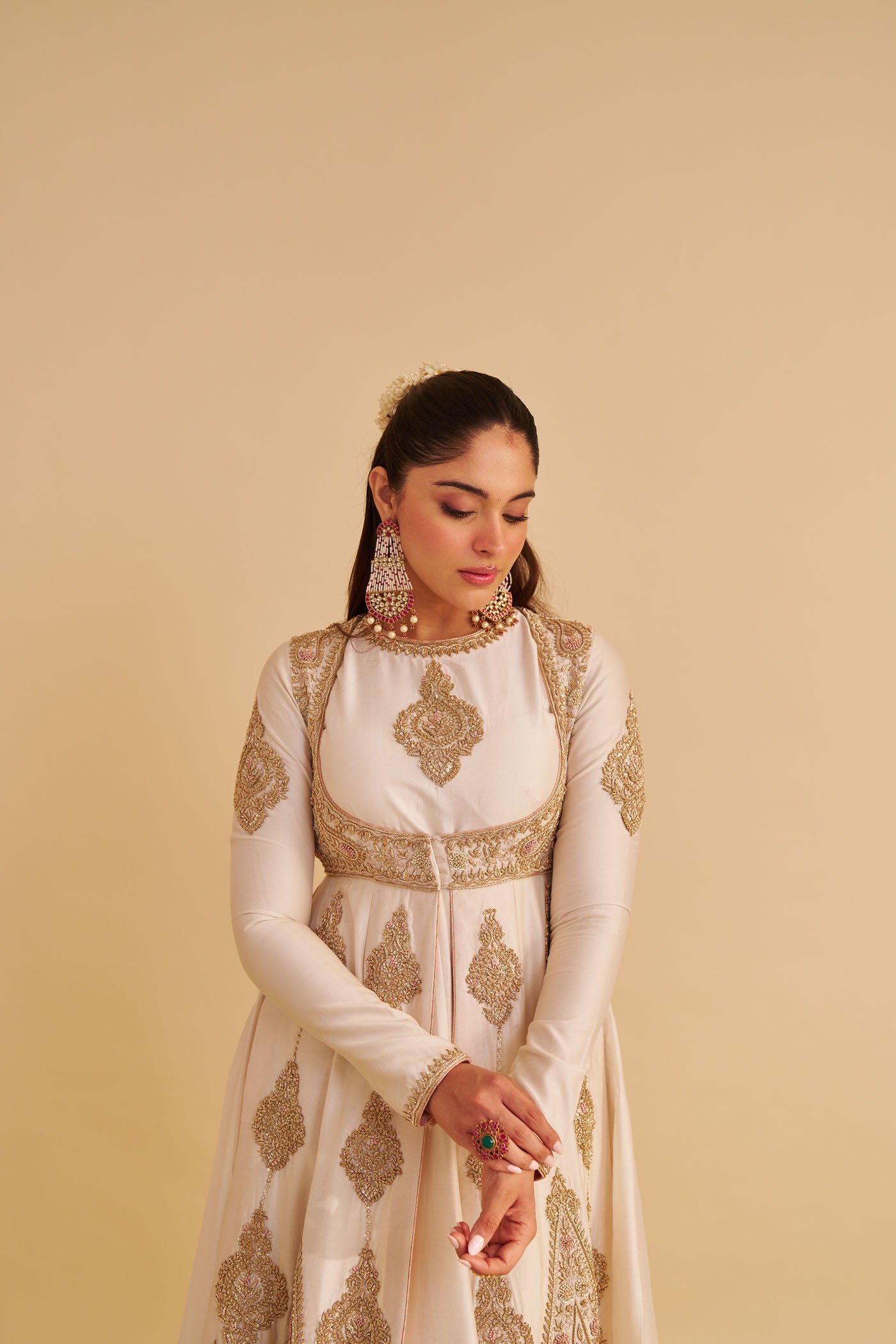 Zainah - Dabka Zardozi Embroidered Silk Daisy Ivory Anarkali Set