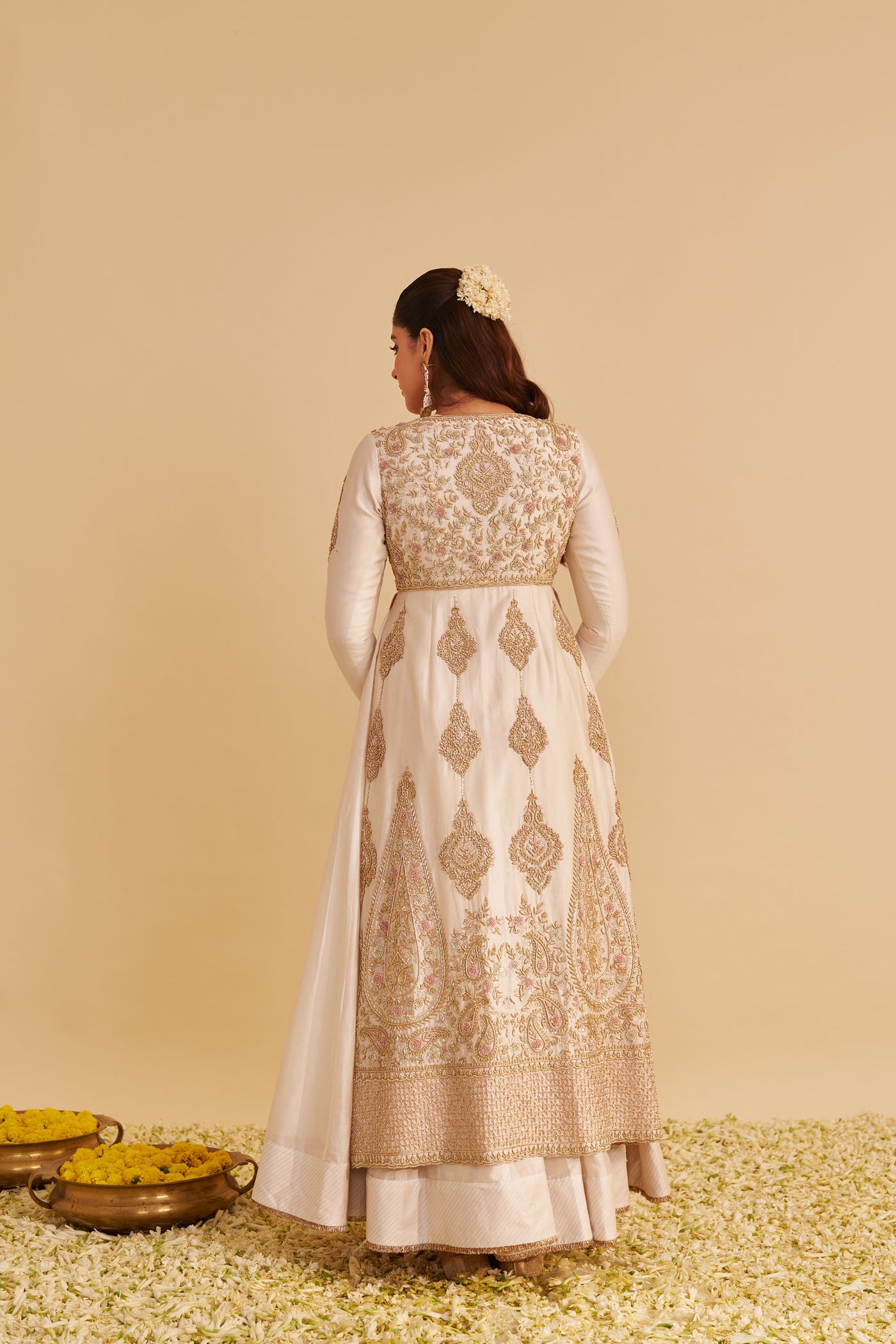 Zainah - Dabka Zardozi Embroidered Silk Daisy Ivory Anarkali Set