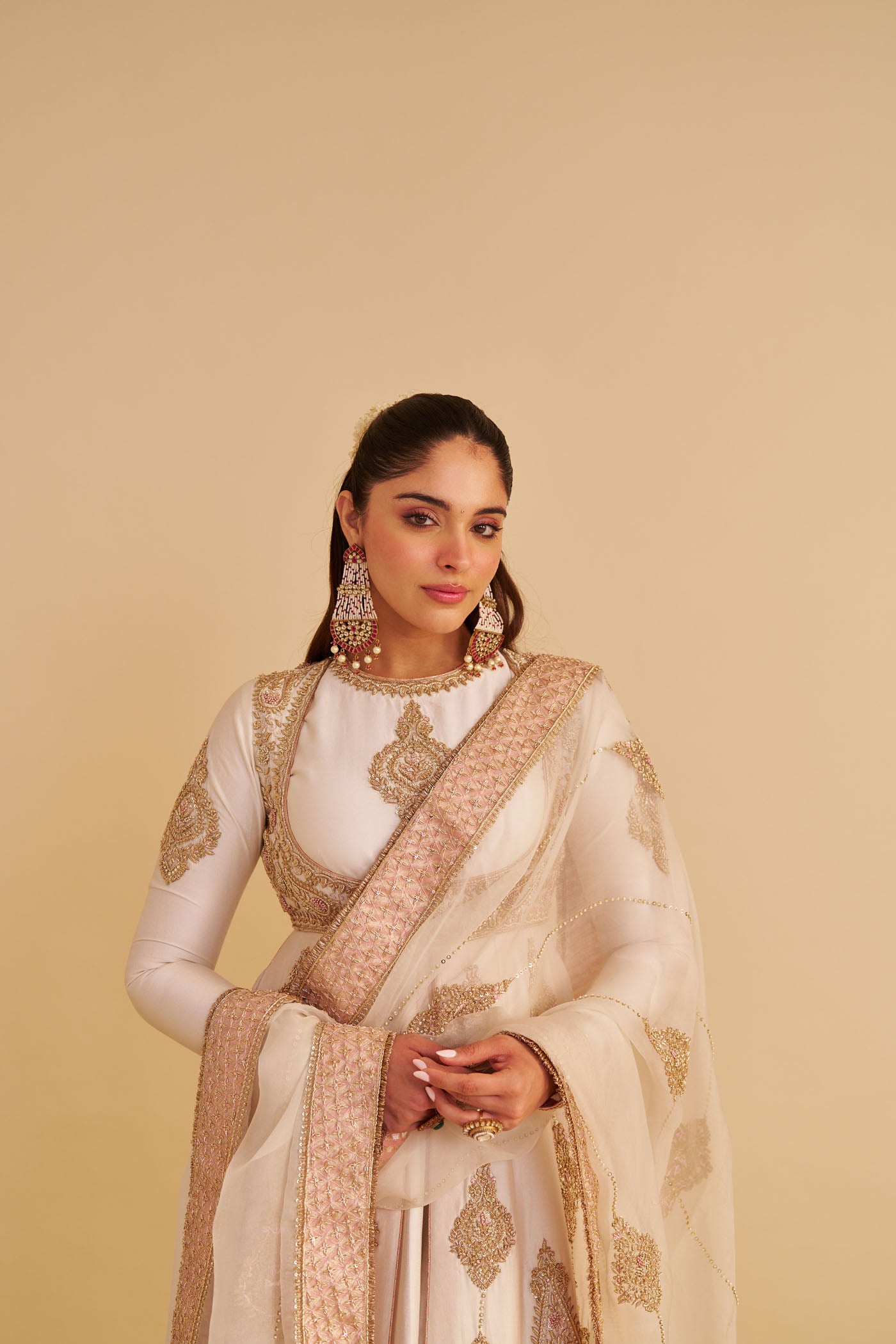 Zainah - Dabka Zardozi Embroidered Silk Daisy Ivory Anarkali  Set