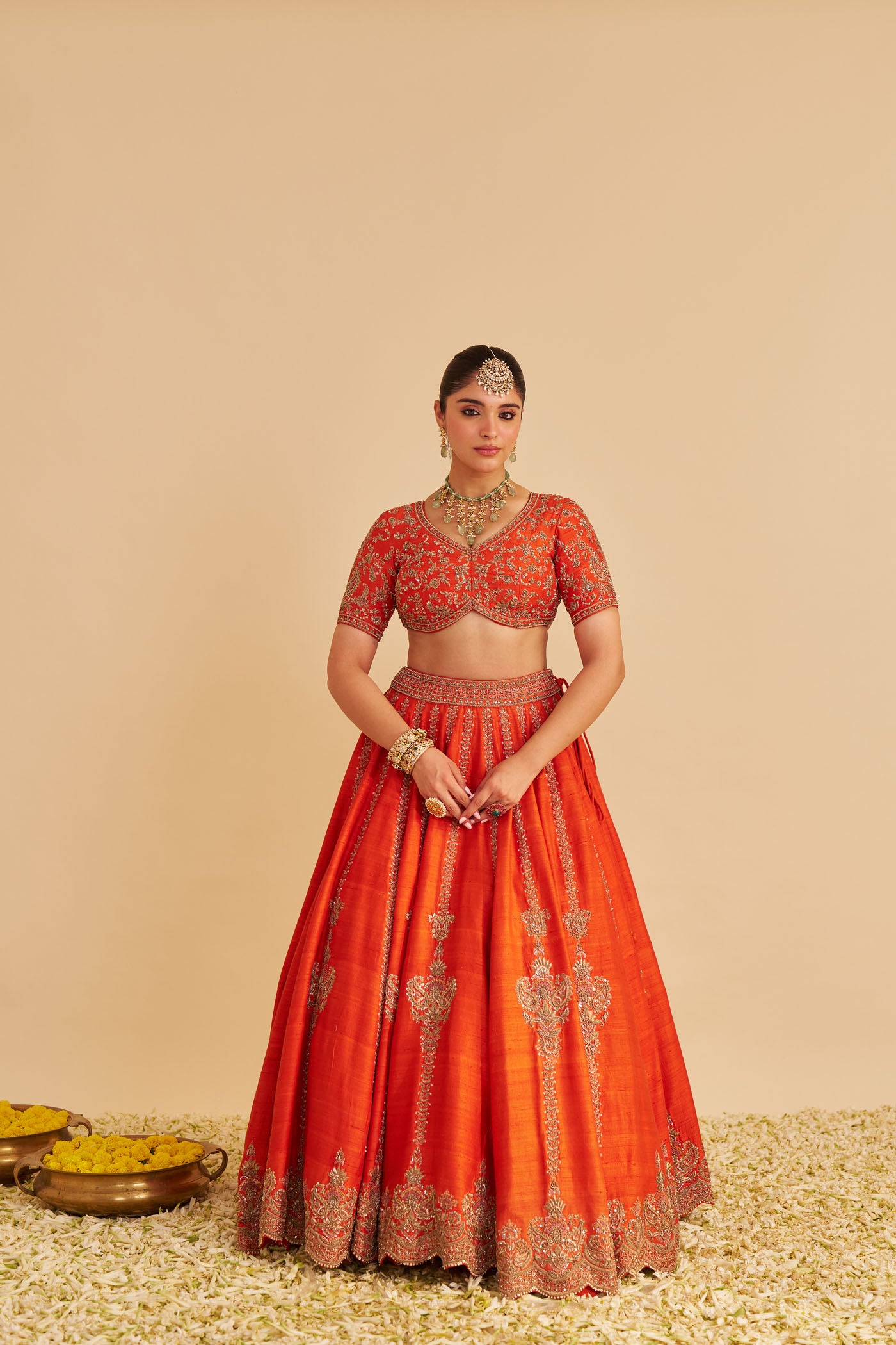 Naazila - Dabka Zardozi Embroidered Raw Silk Burnt Orange Lehenga Set