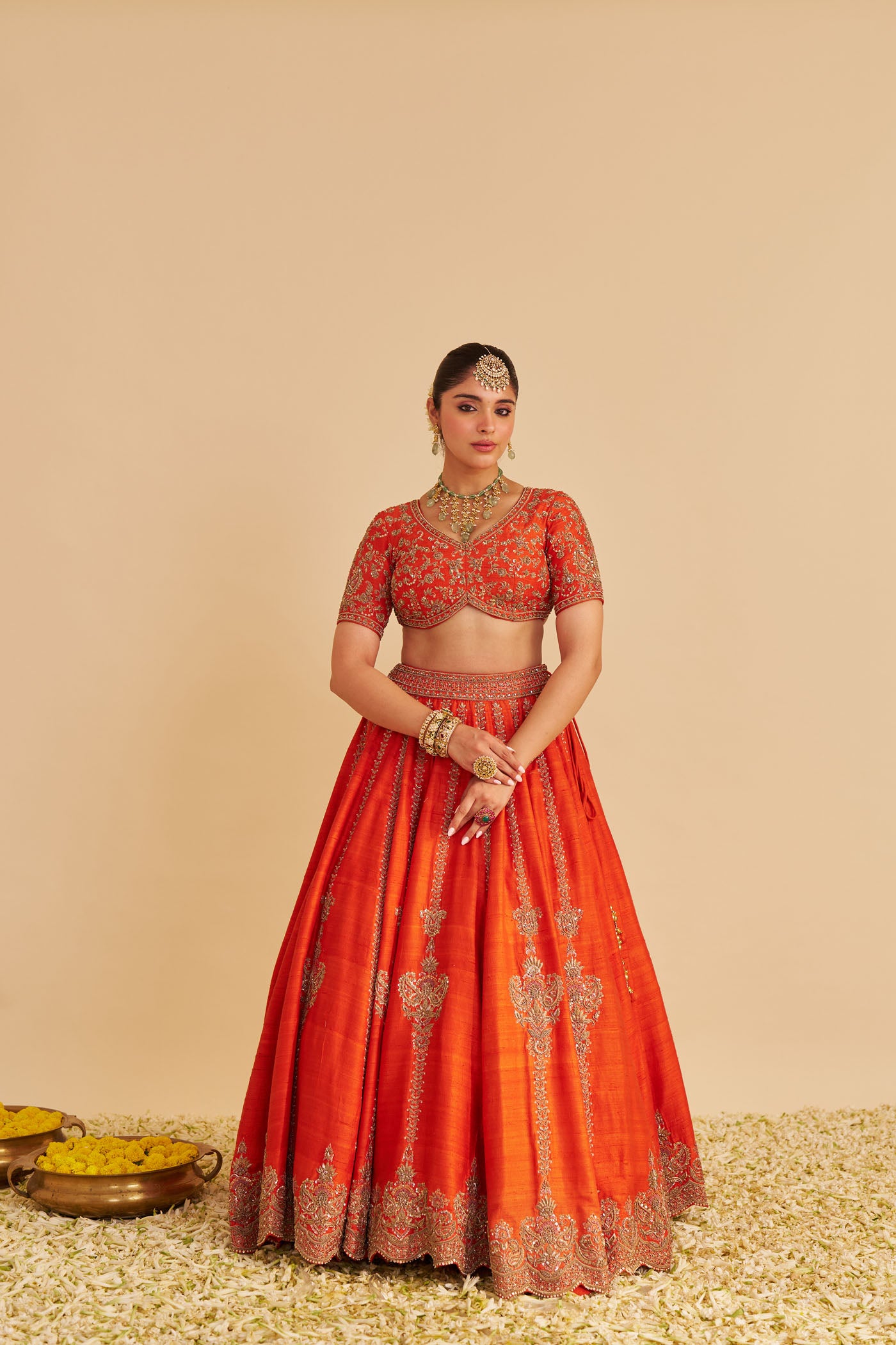 Naazila - Dabka Zardozi Embroidered Raw Silk Burnt Orange Lehenga Set