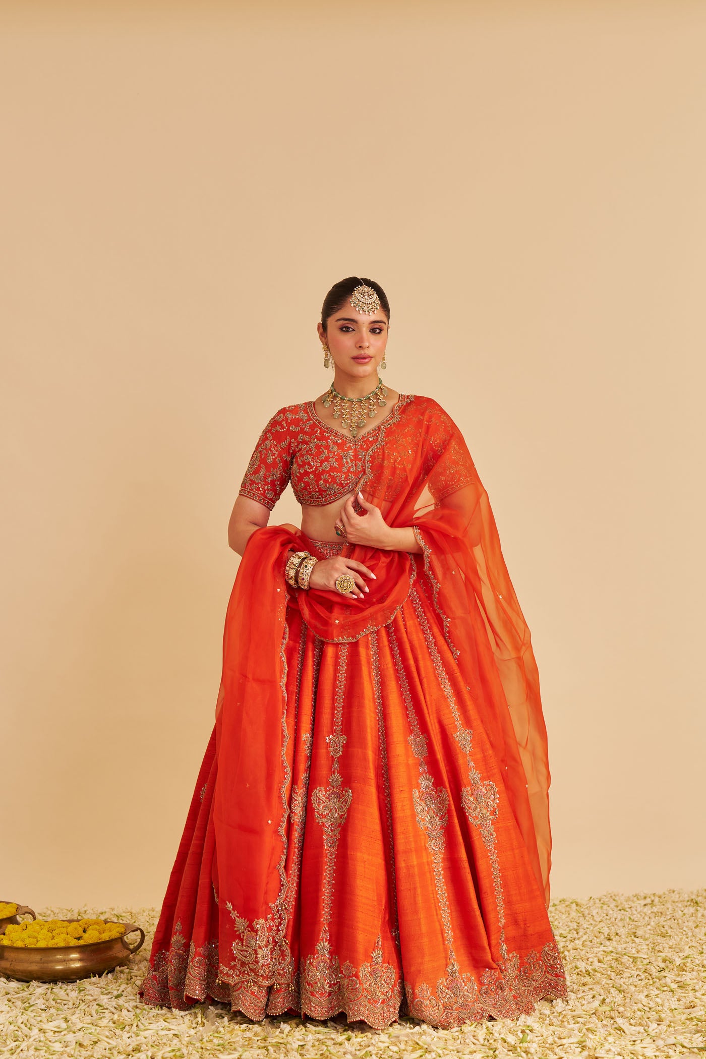 Naazila - Dabka Zardozi Embroidered Raw Silk Burnt Orange Lehenga Set