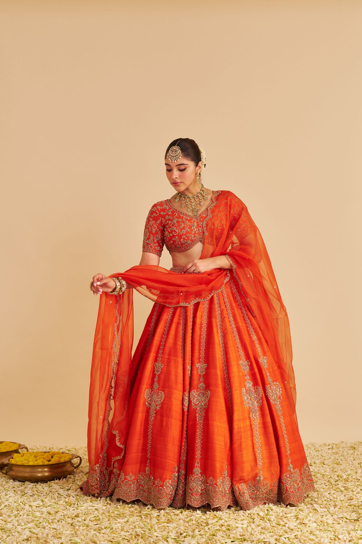 Naazila - Dabka Zardozi Embroidered Raw Silk Burnt Orange Lehenga Set