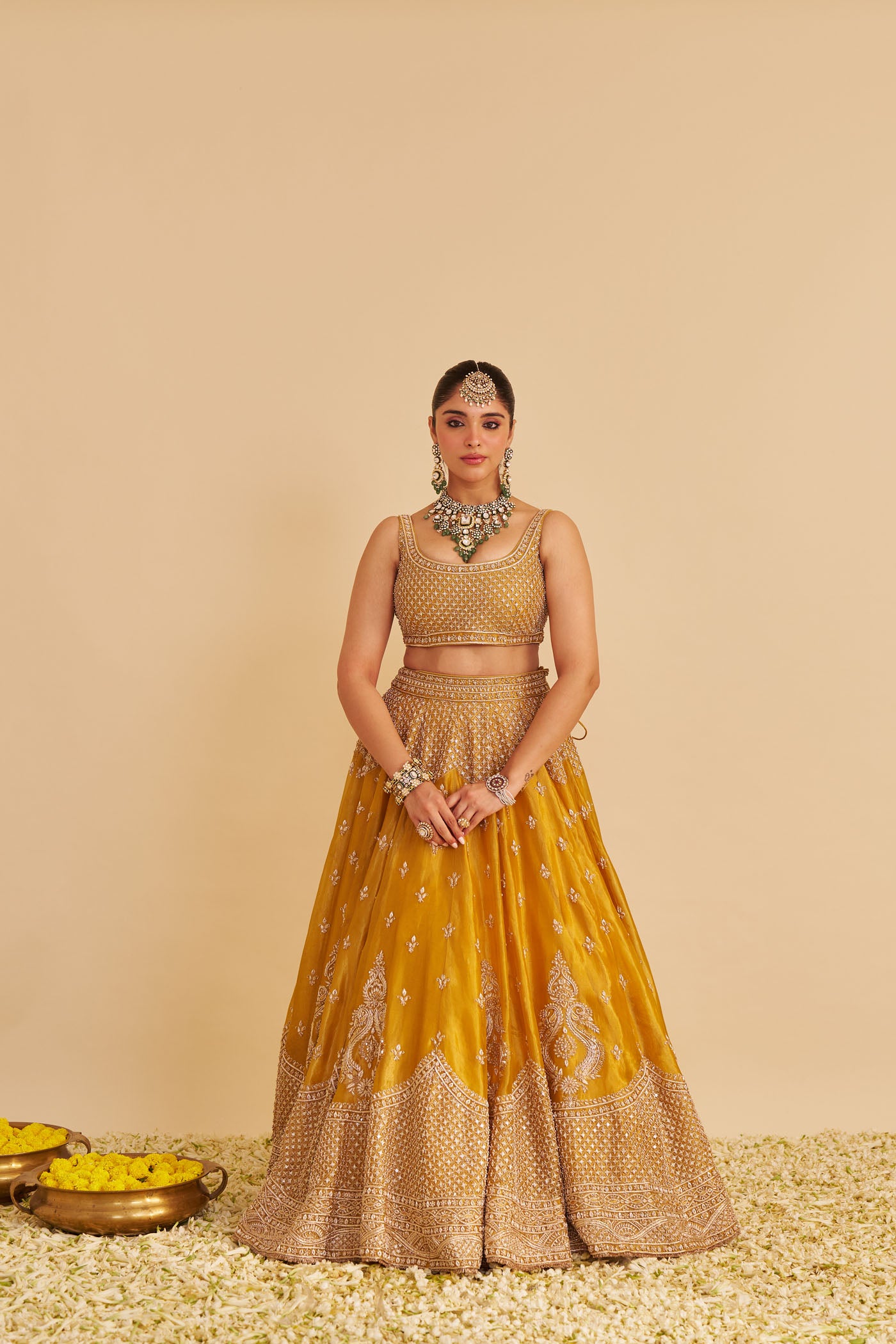 Aashina  - Dabka Zardozi Embroidered Pure Tissue Mustard Lehenga Set