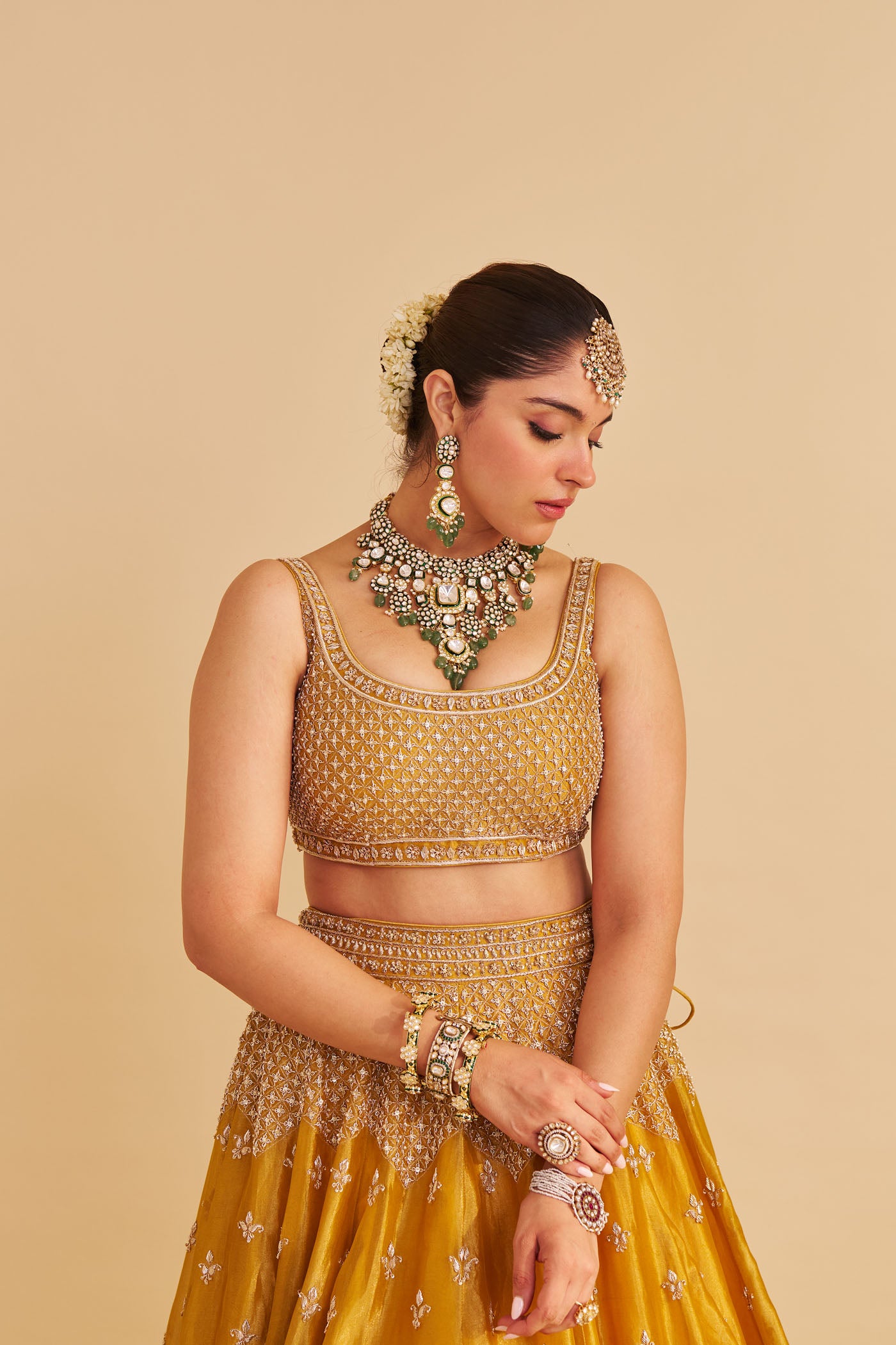 Aashina - Dabka Zardozi Embroidered Pure Tissue Mustard Lehenga Set