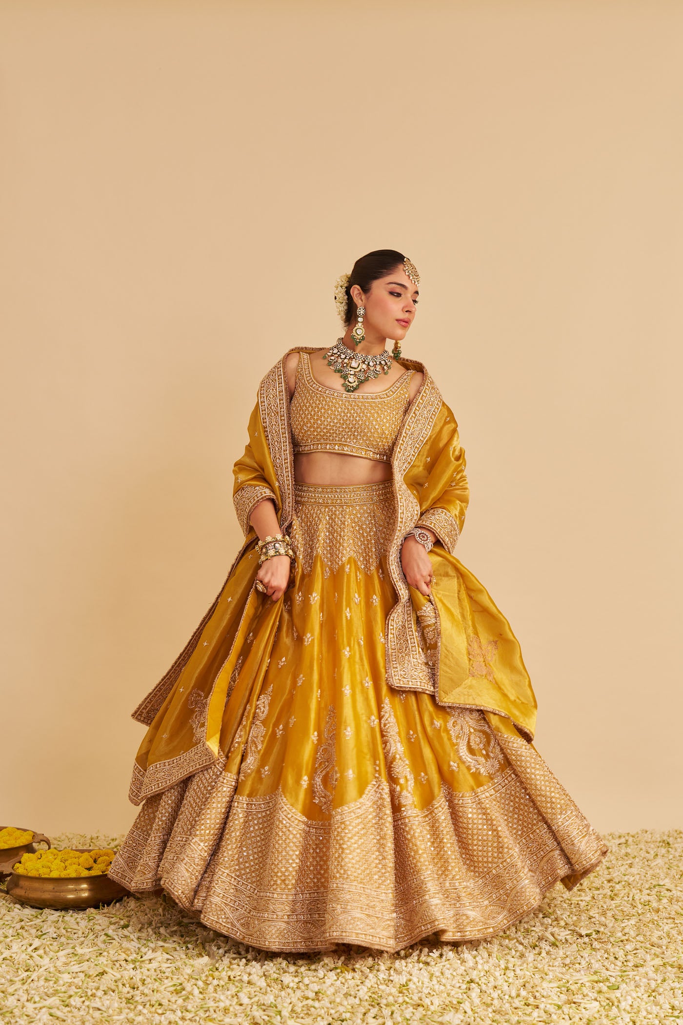 Aashina - Dabka Zardozi Embroidered Pure Tissue Mustard Lehenga Set