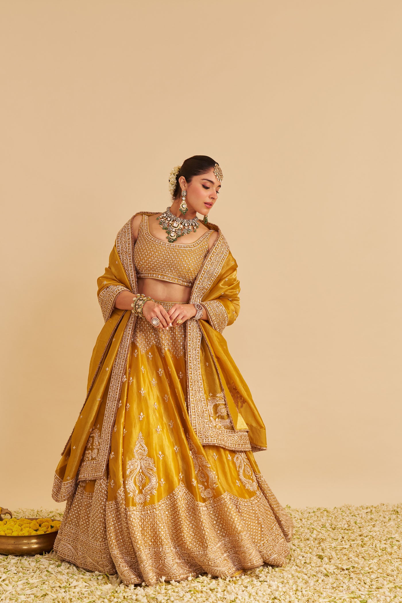 Aashina - Dabka Zardozi Embroidered Pure Tissue Mustard Lehenga Set
