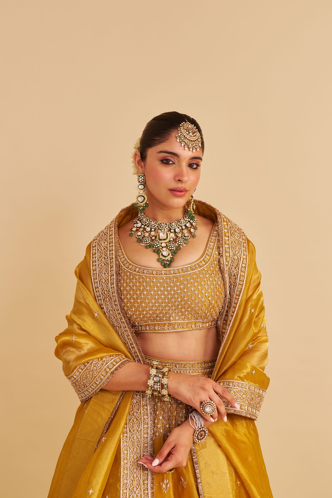 Aashina - Dabka Zardozi Embroidered Pure Tissue Mustard Lehenga Set