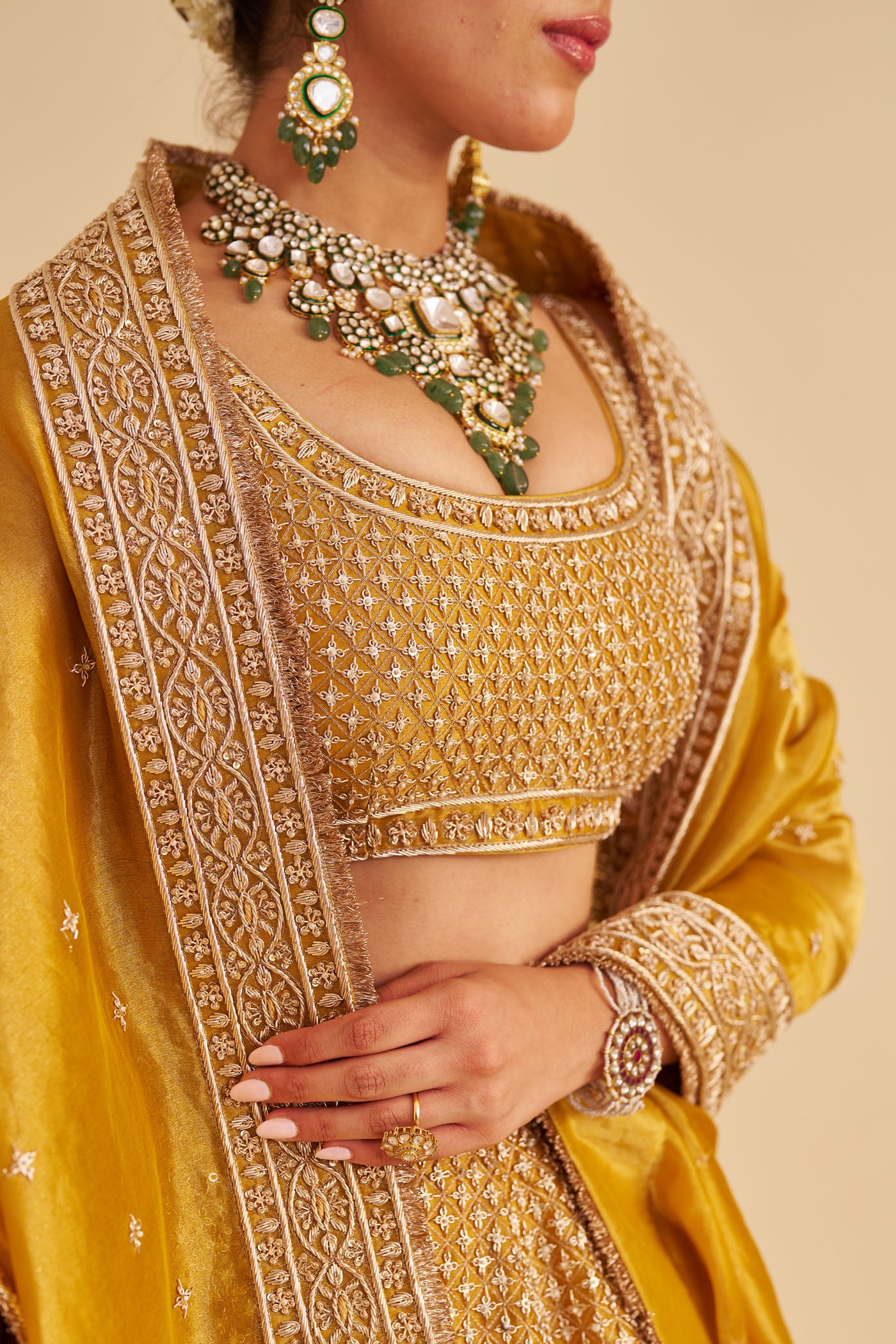Aashina - Dabka Zardozi Embroidered Pure Tissue Mustard Lehenga Set