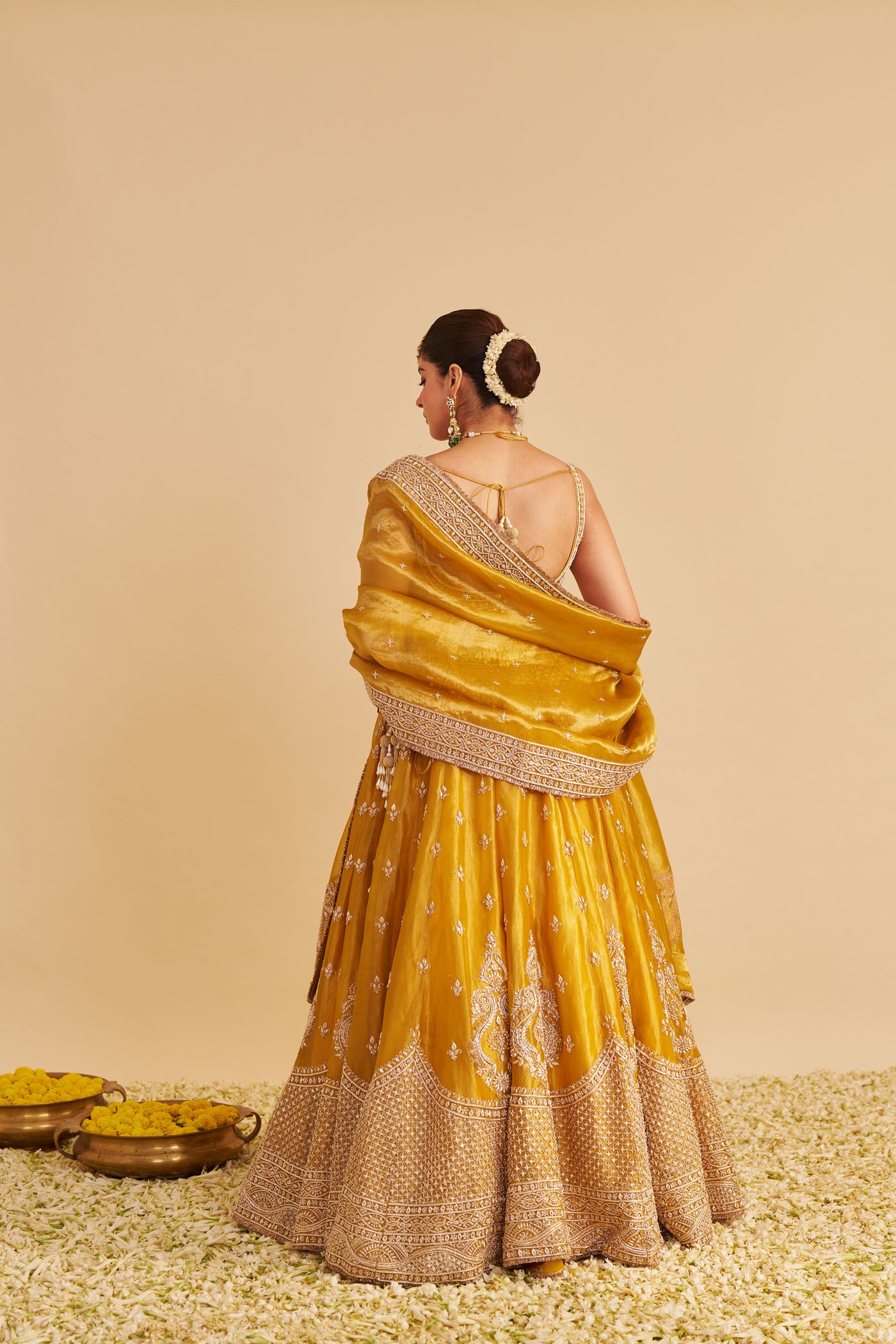 Aashina  - Dabka Zardozi Embroidered Pure Tissue Mustard Lehenga Set