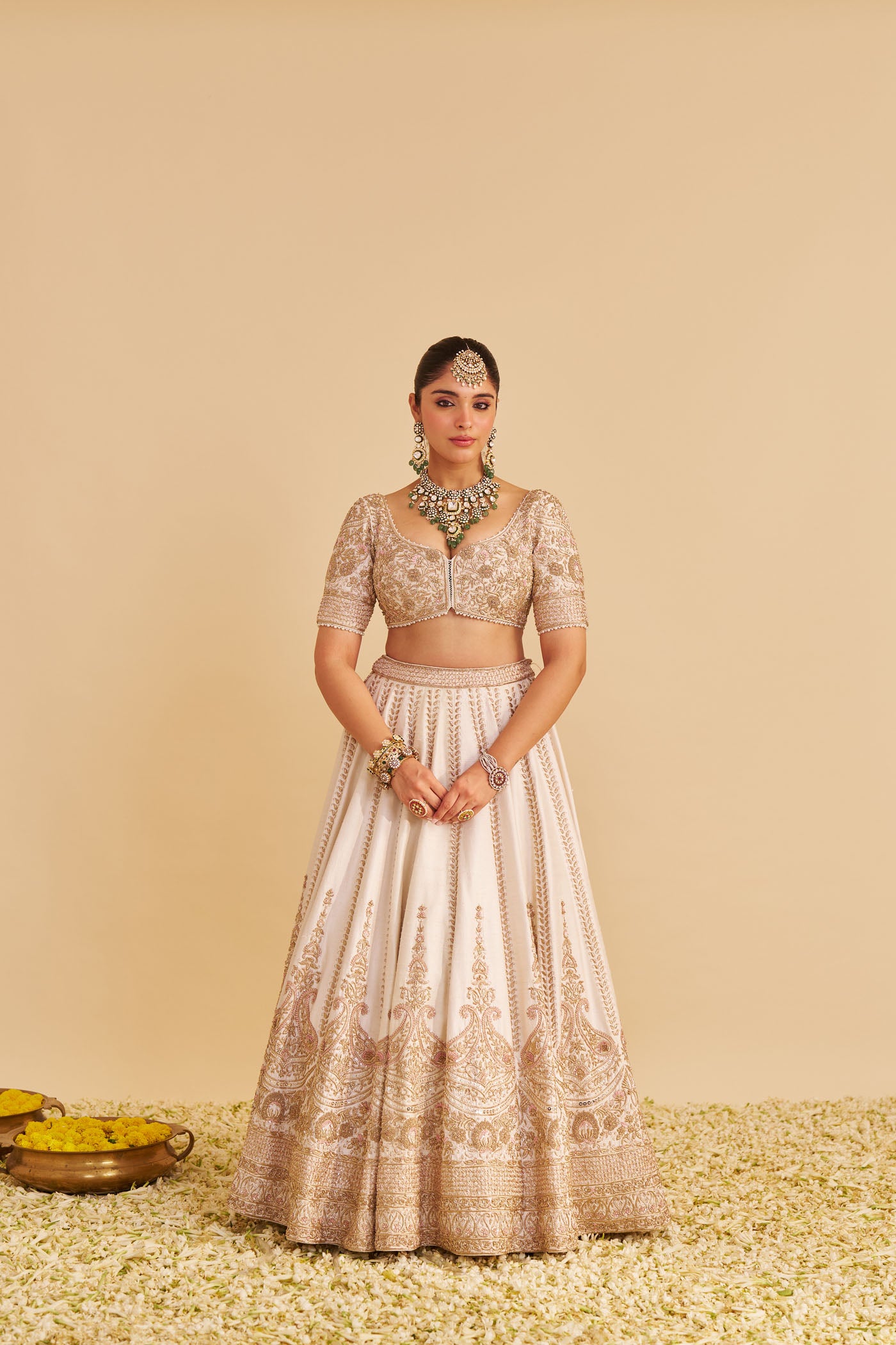 Farah - Dabka Zardozi Embroidered Pure Silk Daisy Ivory Lehenga Set