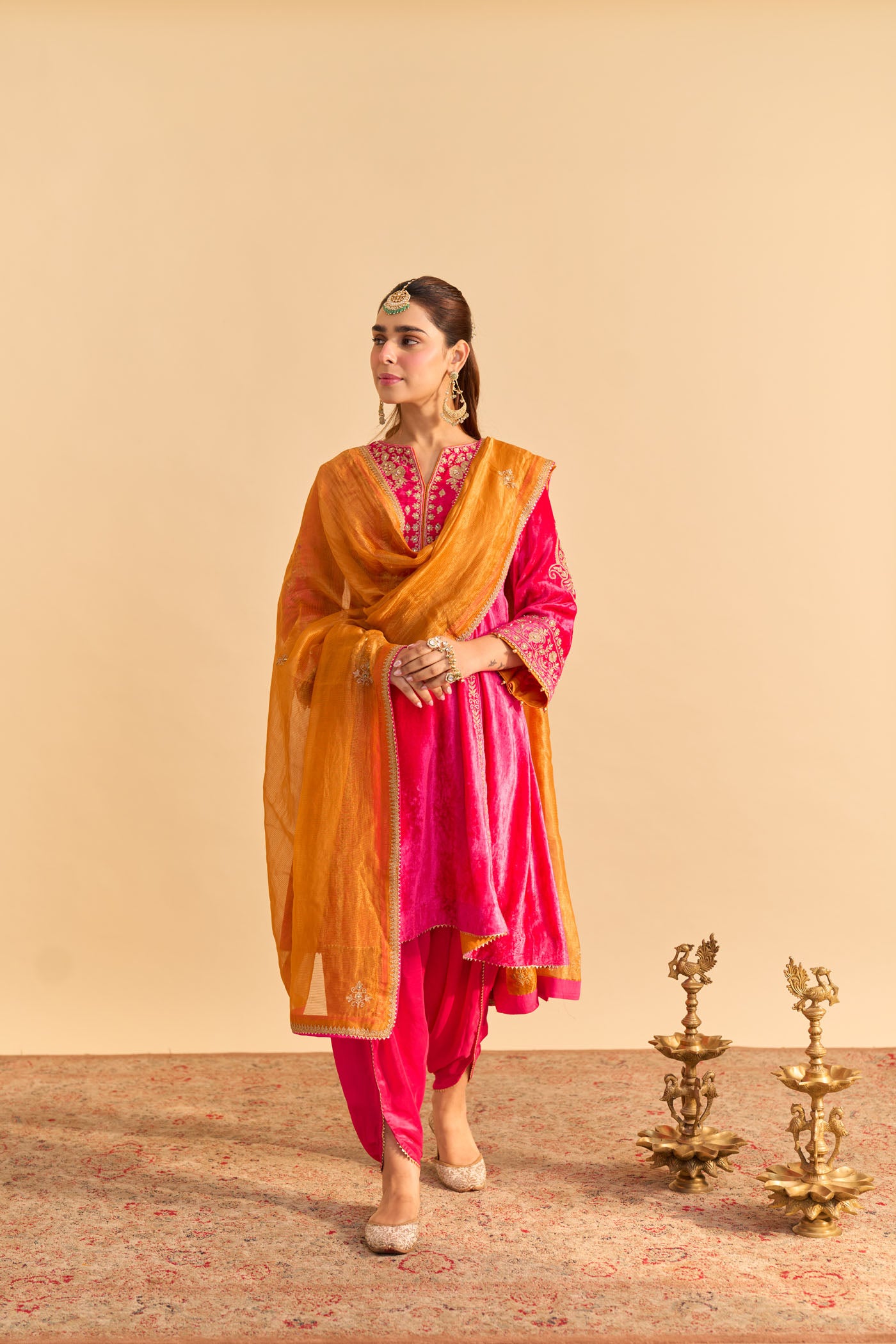 Ziara - Silk Velvet Hotpink Kurta with Dhoti