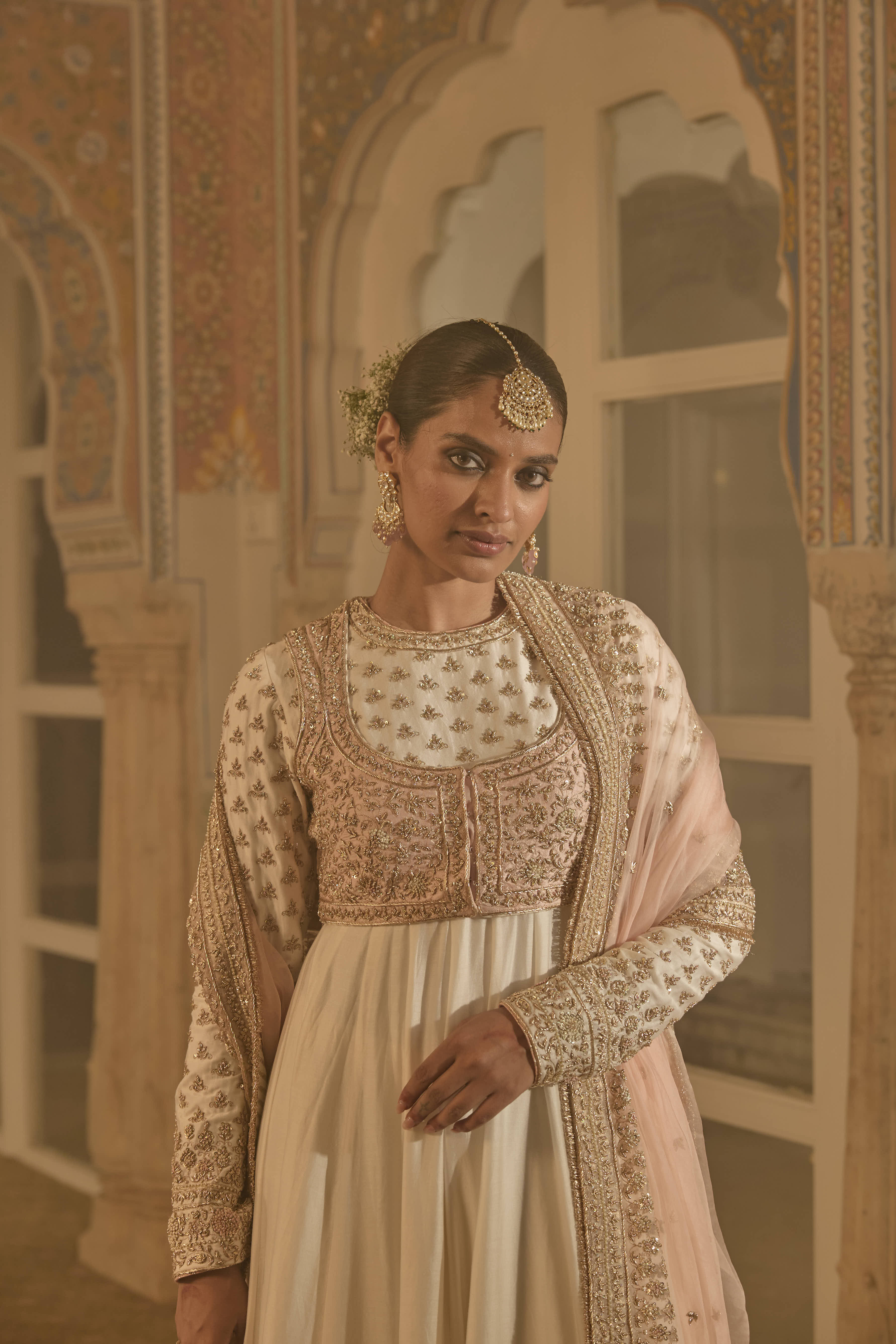 Noor - Dabka Zardozi Embroidered Chanderi Silk Daisy Ivory Anarkali Set