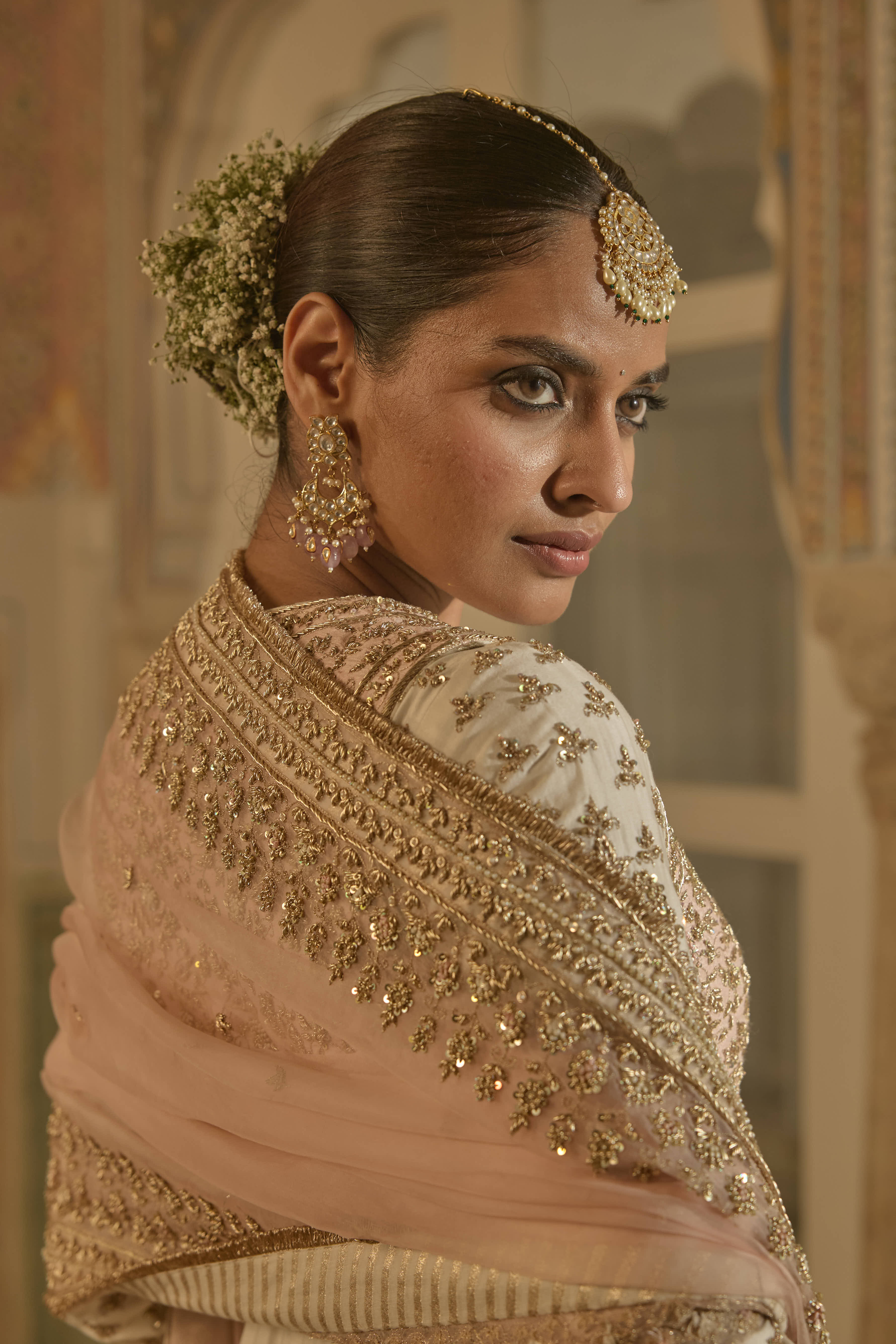 Noor - Dabka Zardozi Embroidered Chanderi Silk Daisy Ivory Anarkali Set