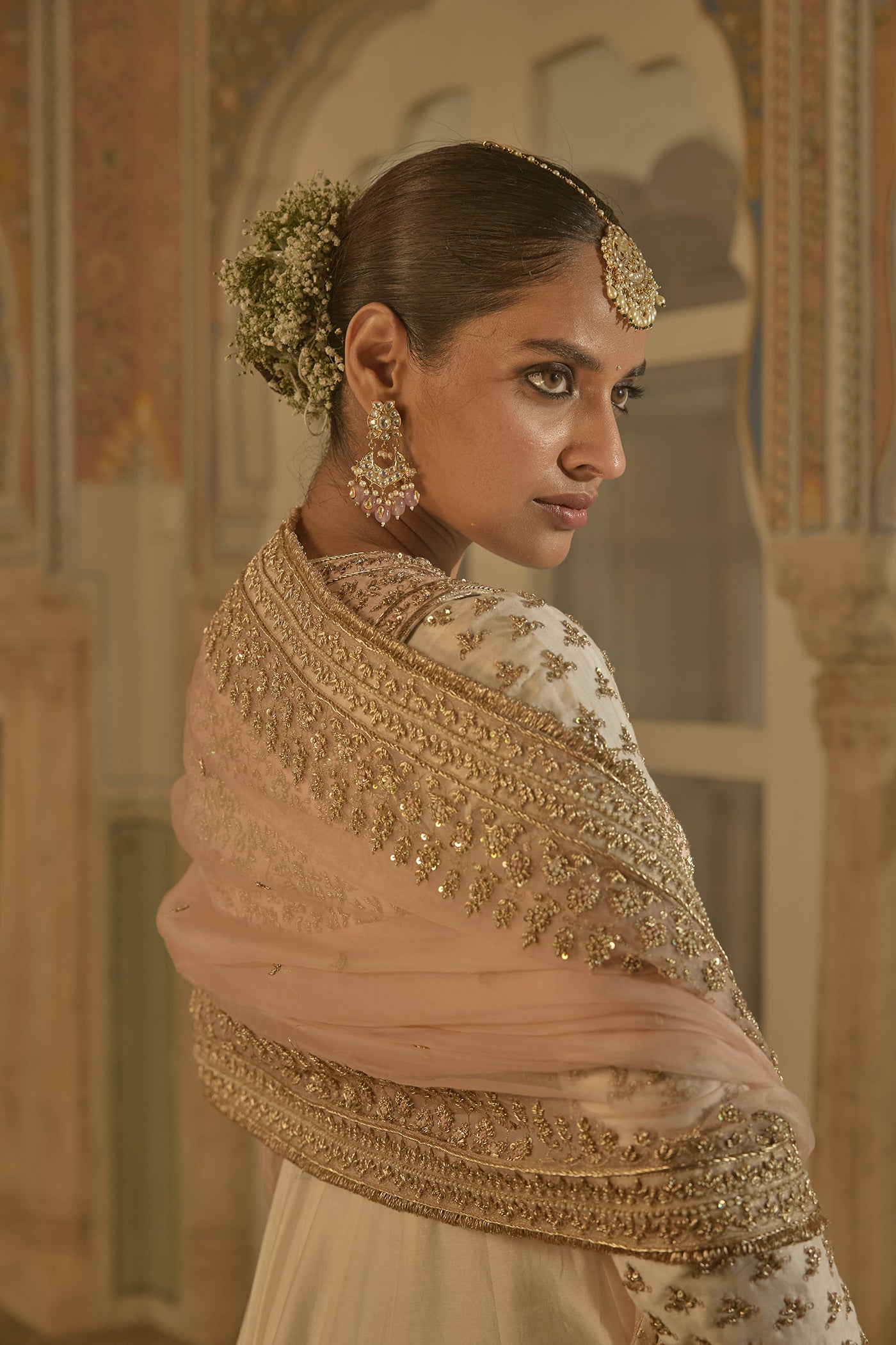 Malaika Arora In Noor - Dabka Zardozi Embroidered Chanderi Silk Daisy Ivory Anarkali Set