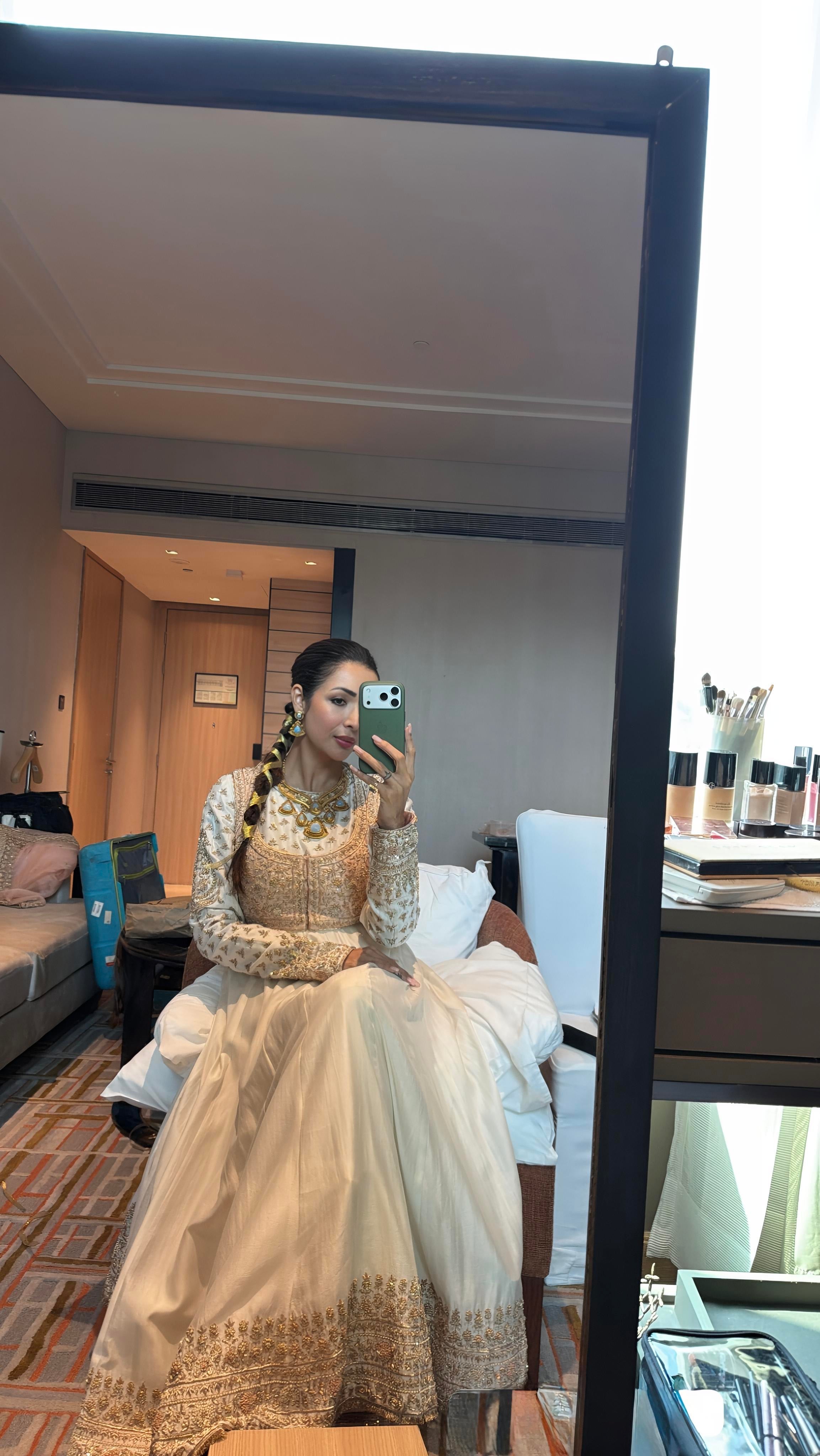 Malaika Arora In Noor - Dabka Zardozi Embroidered Chanderi Silk Daisy Ivory Anarkali Set